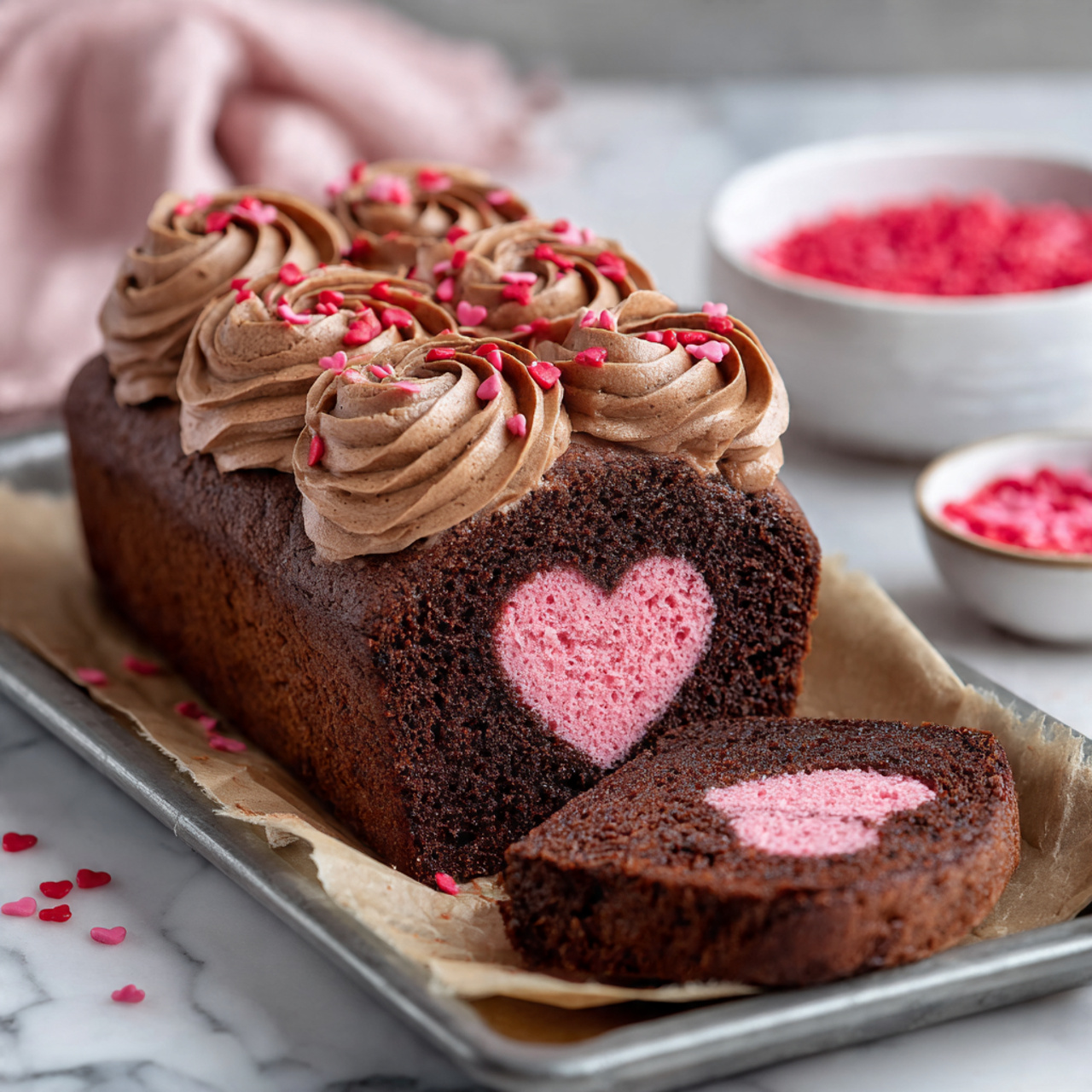 A chocolate loaf cake with a slice cut showing a bright pink heart shape inside the dark brown cake. The top of the cake is decorated with thick swirls of chocolate frosting and small red heart sprinkles scattered over it. The cake sits on brown parchment paper inside a black baking tray. In the background is a white bowl full of small red heart sprinkles and a soft pink cloth on a white marbled surface with some red hearts scattered around. Photo taken with an iphone --ar 4:5 --v 7