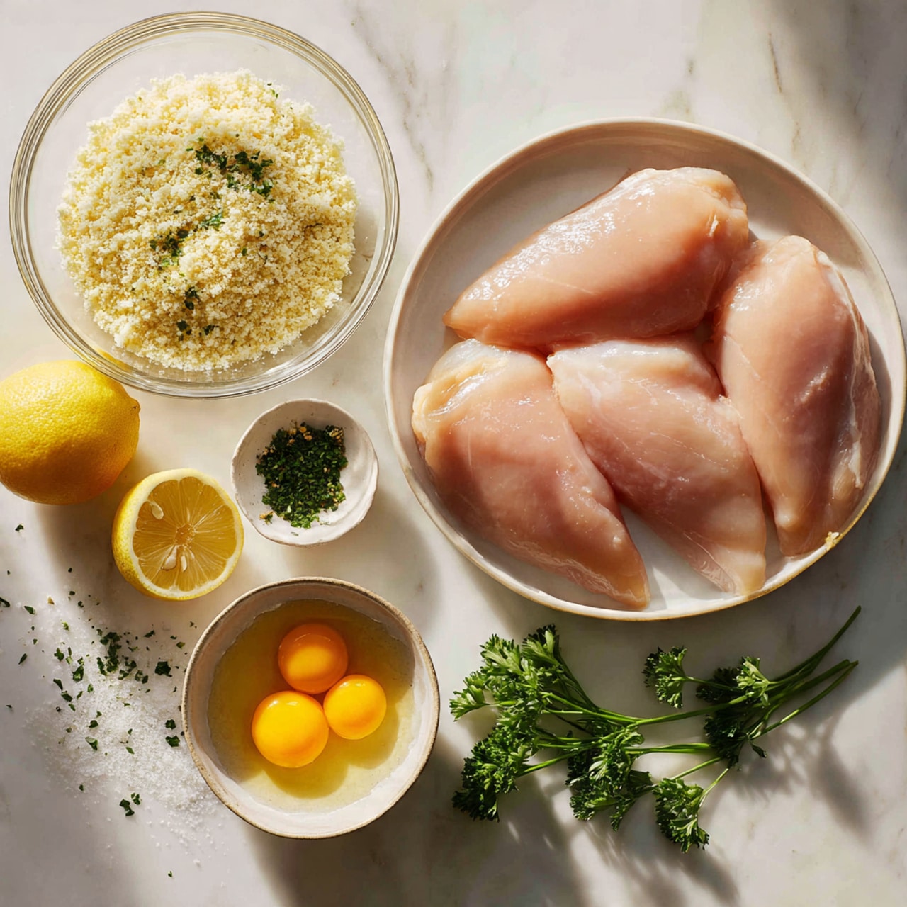 The dish shows a white plate with several golden-brown crispy pieces of breaded chicken arranged in two rows, one row with whole pieces and the other row with pieces sliced to show the juicy, white inside. On the right side of the plate, there are bright green cooked asparagus spears lying parallel to each other. A wedge of lemon with a light yellow inside and thick rind is placed at the top left corner of the plate, adding a fresh touch. Small green herb pieces are scattered on top of the chicken, adding color and texture. The plate rests on a white marbled surface. photo taken with an iphone --ar 4:5 --v 7