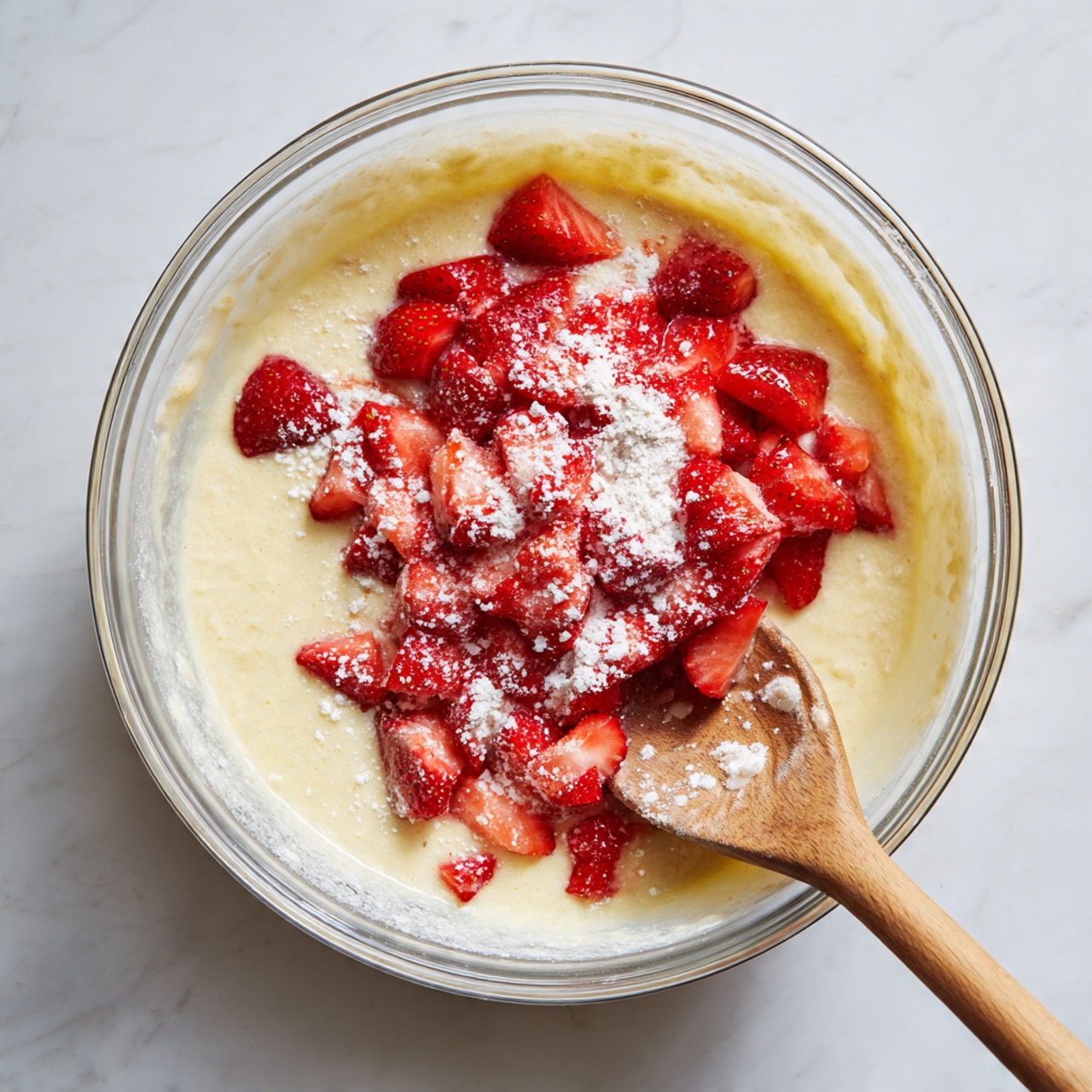 A clear glass bowl sits on a white marbled surface, filled halfway with creamy pale yellow batter. On top of the batter is a thick layer of bright red chopped strawberries dusted with white flour, adding texture and contrast. A wooden spoon with a smooth light brown handle rests inside the bowl, partially covered in batter, positioned on the right side. The scene is simple and focused on the mixing process, emphasizing the fresh strawberries ready to be incorporated. Photo taken with an iphone --ar 4:5 --v 7