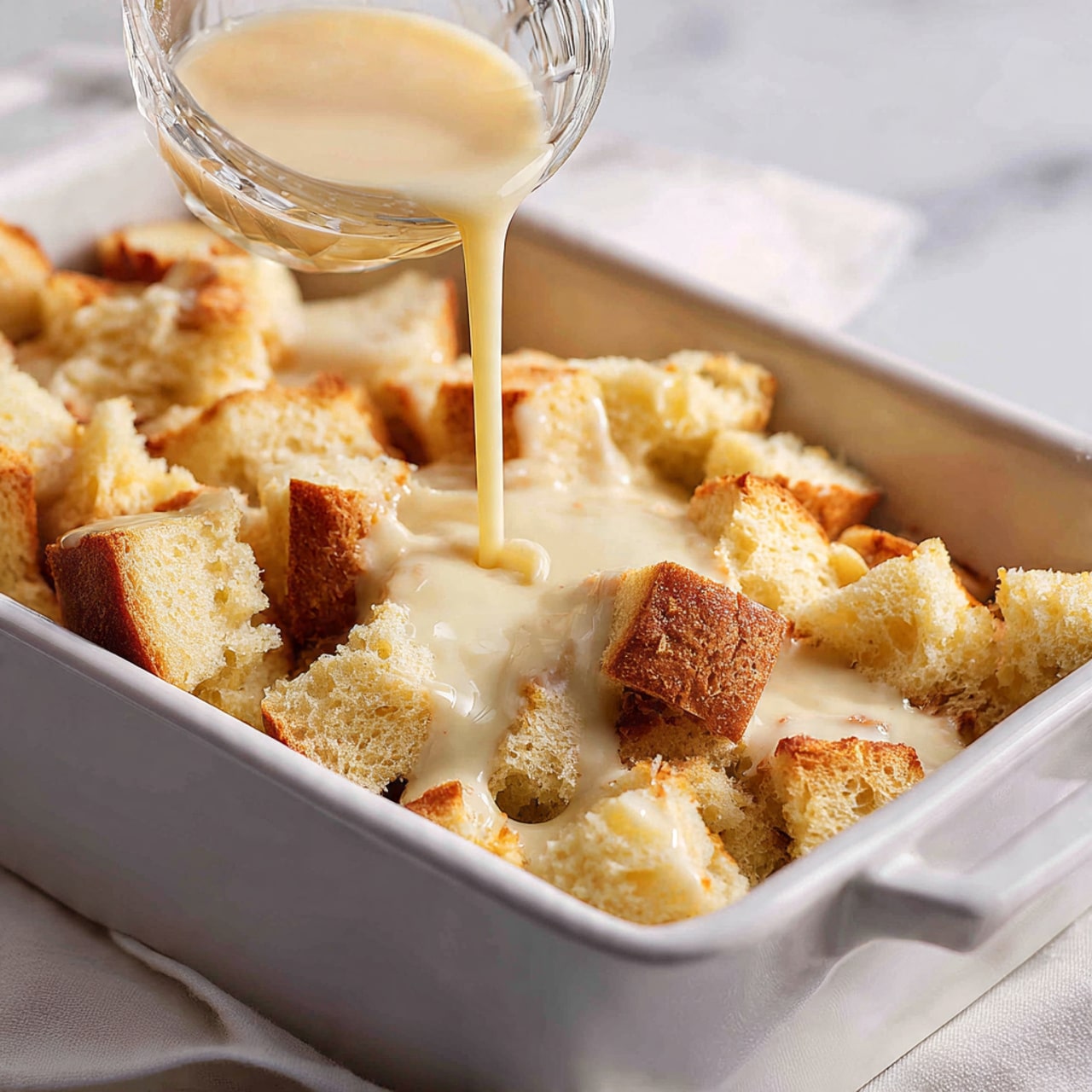 The image shows a white rectangular baking dish filled with large, uneven chunks of golden brown and pale cream bread pieces. A creamy liquid with a light tan color is being poured over the bread from above, mid-pour, creating a smooth stream that blends into the bread below. The dish sits on a white marbled surface with a cloth napkin partially visible underneath. The scene focuses on the textures of the soft bread and the flowing liquid, emphasizing a warm, cozy feel. Photo taken with an iphone --ar 4:5 --v 7