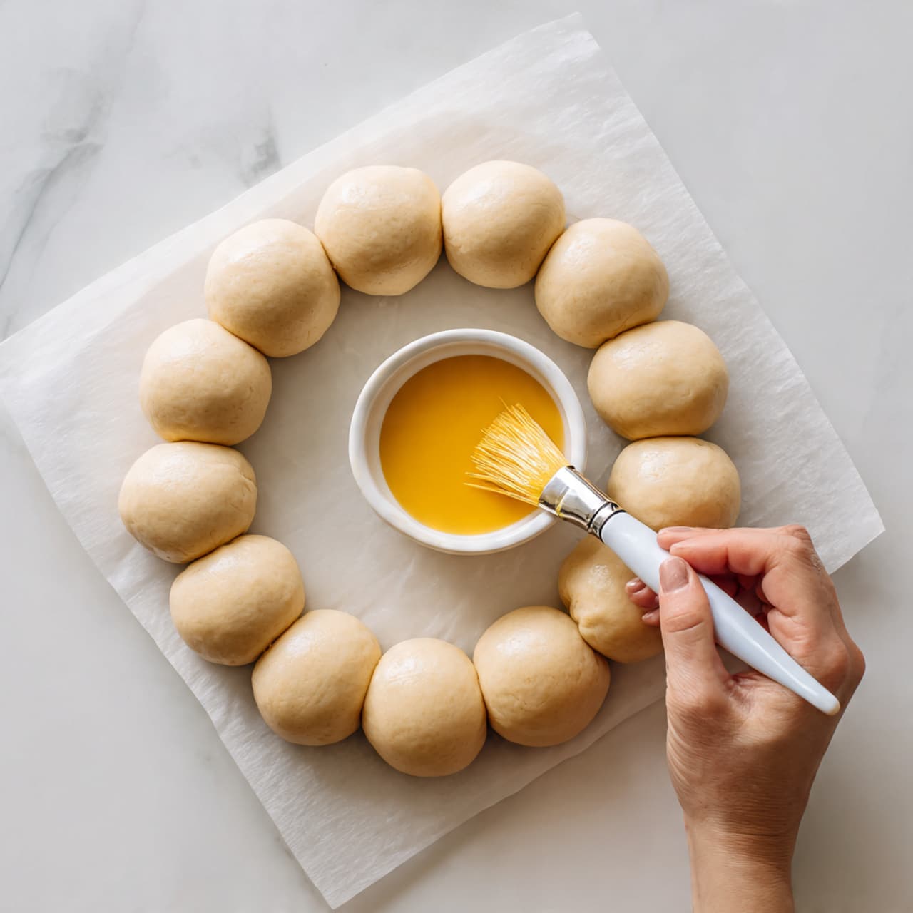 The image shows a circle made of two layers of round dough balls arranged closely together on white parchment paper over a white marbled surface. The outer layer has 15 dough balls, and the inner layer has 10 dough balls, forming a ring around a white small bowl filled with clear liquid in the center. To the left, there are some green herbs, and at the bottom left corner, there is a white bowl filled with a yellow liquid. In the top right corner, part of a wooden bowl containing yellow and red cherry tomatoes is visible. Photo taken with an iphone --ar 4:5 --v 7