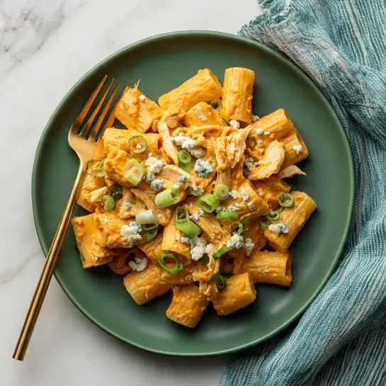 A deep green plate holds a single layer of rigatoni pasta coated in a creamy orange sauce. Scattered on top are thin slices of white chicken pieces and small crumbles of pale blue cheese. Thin green slices of scallions are spread evenly over the dish, adding a fresh contrast. A gold fork rests on the left side of the plate, and the plate is set on a white marbled surface with a folded striped blue and green cloth napkin nearby. Photo taken with an iphone --ar 4:5 --v 7