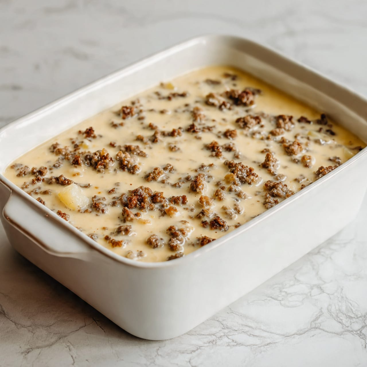 The image shows a white ceramic baking dish filled with a mixture that appears to be a creamy casserole base, with visible layers of small beige potato pieces and light brown ground meat mixed in a thick, creamy white sauce. The casserole mixture fills the dish evenly and is smooth on top with scattered chunks creating a textured look. The dish rests on a surface with a white marbled texture. photo taken with an iphone --ar 4:5 --v 7