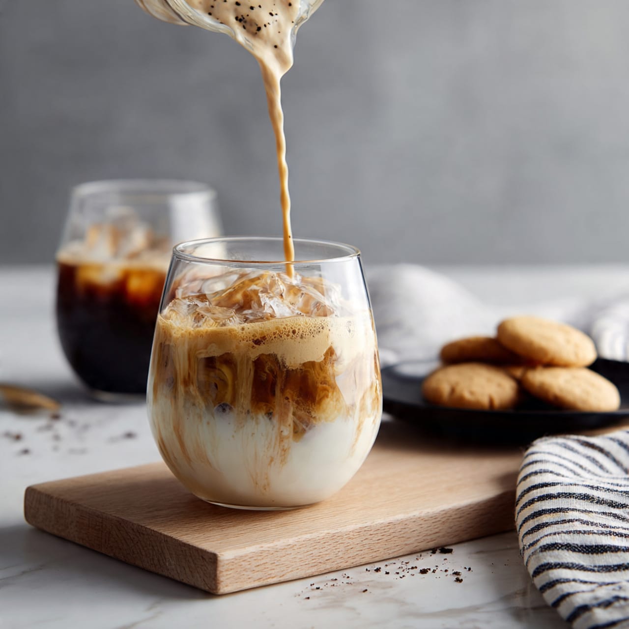 A short clear glass filled with a light brown iced coffee base and ice cubes at the bottom, topped with a layer of white creamy foam with some brown coffee streaks on the edges, as a thick beige foam with visible dark specks is being poured from a glass jar above, overflowing slightly on top. The glass sits on a light wooden board, which is placed on a white marbled surface next to a black and white striped cloth. In the background, there is a second similar glass filled with iced coffee and foam, and a black plate holding several light brown oval cookies. Photo taken with an iphone --ar 4:5 --v 7