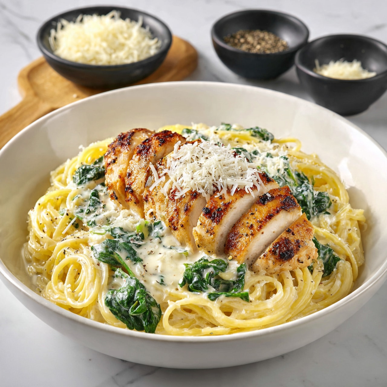 A white bowl filled with a creamy pasta dish, consisting of thick strands of yellowish pasta coated in a white cream sauce mixed with bright green spinach leaves scattered throughout. On top of the pasta, there is a sliced serving of golden brown seasoned grilled chicken arranged in a neat row. A generous pile of finely grated white cheese is sprinkled over the chicken and pasta. In the background, a small black bowl filled with more grated cheese and a black bowl with seasoning sit on a white marbled surface. photo taken with an iphone --ar 4:5 --v 7