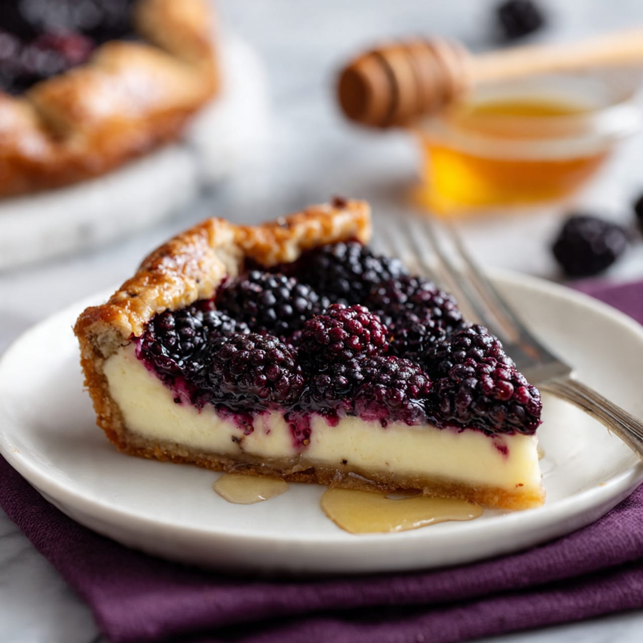 A single slice of berry tart sits on a white plate, showing three main layers: a golden-brown crust edge on top, a creamy light yellow custard layer in the middle, and a thick layer of dark purple blackberries on the bottom, some bursting and juicy. The crust looks crisp and slightly flaky, while the custard is smooth with a matte finish. A small fork rests beside the slice on the plate, reflecting light with its shiny metal surface. In the background is a blurred whole tart with similar texture and colors, along with a wooden honey dipper next to a small bowl of honey. The setting is on a white marbled surface, with a purple cloth at the bottom edge. photo taken with an iphone --ar 4:5 --v 7
