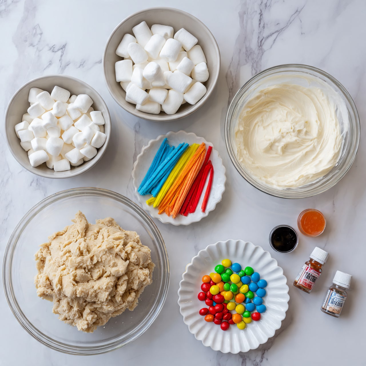 The image shows a plate with a single decorated snowman sugar cookie placed in the center. The cookie base is light golden brown with a smooth layer of white icing on top, shaped like a melting snowman. On this icing, two candy buttons in green and red are placed as the body’s buttons. A large white marshmallow acts as the snowman's head, with small black dots for eyes and an orange triangular nose made of candy or icing. A red sugar-coated candy strip is wrapped around the marshmallow, mimicking a scarf. Black icing lines create stick arms on each side of the white icing. In the background, there are more similar snowman cookies laid out on a white marbled surface. photo taken with an iphone --ar 4:5 --v 7
