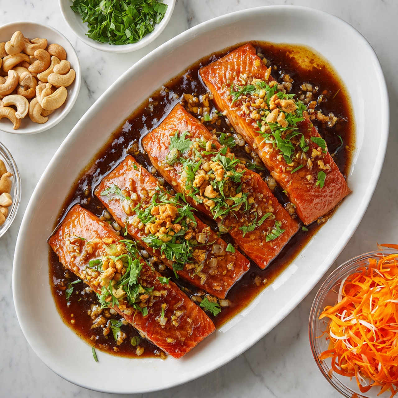 A white round plate with scalloped edges holds a large, cooked salmon fillet that is golden brown with a shiny glaze on top. The salmon rests on a colorful bed of mixed vegetables including thin strips of orange carrots, purple cabbage, and green leafy herbs evenly spread beneath it. Scattered on the salmon and vegetables are whole cashew nuts and small green herb leaves. A silver fork is placed diagonally on the plate, resting in the vegetable mix near the front edge. The plate sits on a rust-colored cloth napkin, all on a white marbled surface. Photo taken with an iphone --ar 4:5 --v 7
