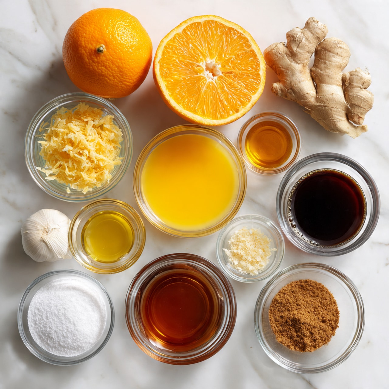 The image shows twelve ingredients arranged neatly on a white marbled surface. At the top center, there is a half orange with bright orange flesh and white pith. To the right of the orange, there is a whole garlic bulb and a piece of ginger root with a light brown, knobby texture. Below the garlic and ginger, there is a small clear glass bowl holding ginger zest with a pale yellow shredded texture. Beside it, another small bowl contains finely minced garlic with a light creamy color. Below these, there is a tiny bowl with a light vinegar liquid. Toward the center right, a small bowl of clear yellow oil shines under the light. Moving left, a large clear glass bowl is filled with bright orange juice. Above the orange juice, a small bowl contains white powder, likely cornstarch, with a fine, smooth texture. Above this, a medium bowl displays dark soy sauce with a glossy, thick look. To the left of the soy sauce, a smaller bowl contains amber honey with a golden sheen. Below, a bowl of packed brown sugar shows a coarse, grainy texture. Finally, at the bottom left, an empty clear glass bowl is placed with a subtle shine. Another half orange with a bright orange interior is set beside the bowl. The whole setup is clean and brightly lit, showing every detail clearly, photo taken with an iphone --ar 4:5 --v 7