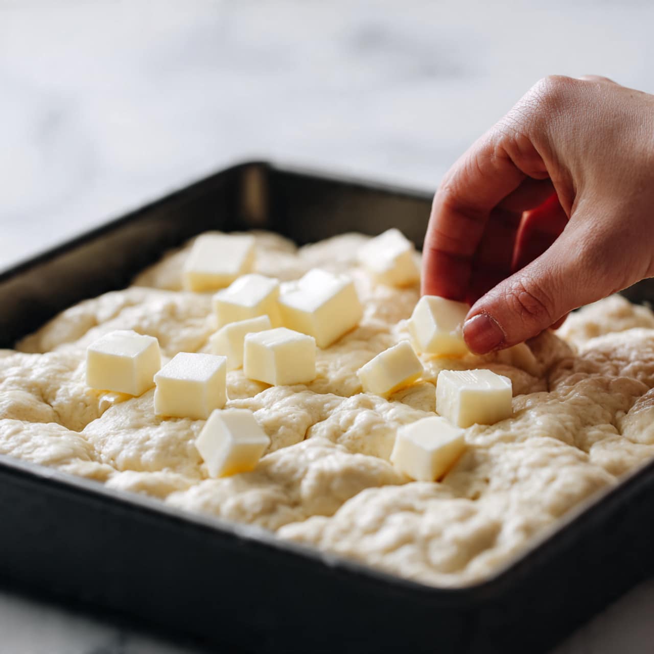 A square metal pan filled with a thick layer of raw dough that has many small dimples on top, creating a bumpy texture. A woman's hand is seen above the dough, placing small cubes of butter evenly on the surface. The pan is set on a white marbled textured surface. photo taken with an iphone --ar 4:5 --v 7