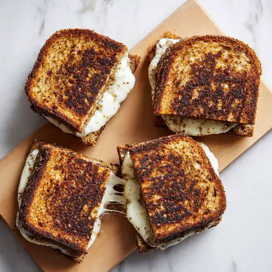 An open sandwich is placed on a white plate on a white marbled surface. The sandwich has two layers of multi-grain bread with a slice of Swiss cheese on each piece. On the top slice, a square piece of cheese with holes is centered, while the bottom slice holds another cheese slice covered by a layer of caramelized onions and cooked beef strips, both brown in color and soft in texture. The sandwich sits flat with no other items around it. photo taken with an iphone --ar 4:5 --v 7