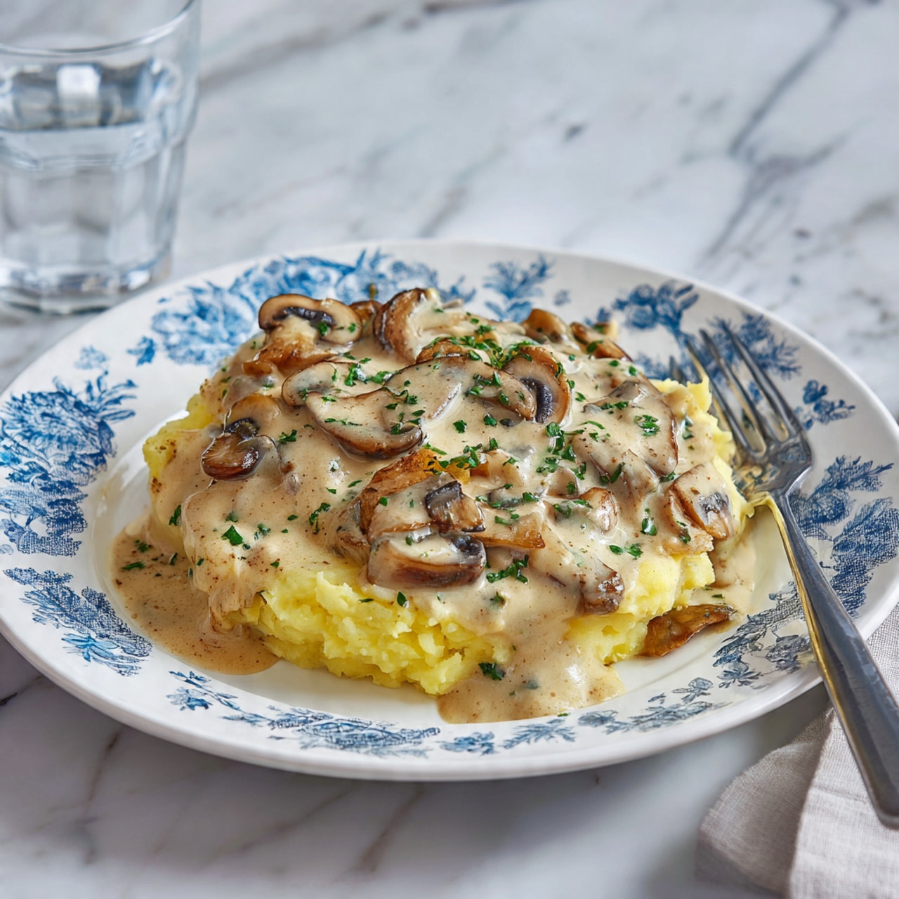 A white pan with a golden handle holds three pieces of light brown chicken covered in a thick creamy mushroom sauce, which is pale beige with slices of brown mushrooms scattered throughout. Small green herb leaves are sprinkled over the sauce and chicken. A silver spoon rests inside the pan on the left side, partially under the sauce. The pan is placed on a white marbled surface with small green herb sprigs and a wooden bowl with ground black pepper in the upper right. Three glasses of light yellow liquid surround the pan. Photo taken with an iphone --ar 4:5 --v 7