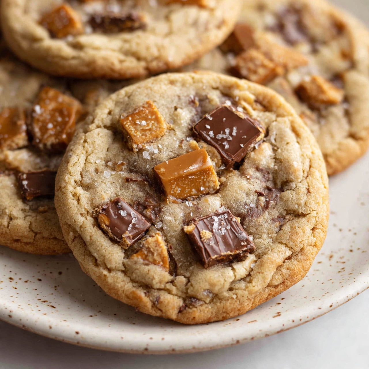 The image shows a stack of four chocolate chip cookies on a white plate with pieces of dark chocolate scattered around. The bottom cookie is whole with a light golden-brown color and visible chocolate chunks. Above it, three cookies are broken in half, showing a soft, moist inside filled with melted dark chocolate. The cookies have a soft, crumbly texture with some small crumbs on the plate. The background has a soft focus with warm, brown tones and the surface underneath is a white marbled texture. photo taken with an iphone --ar 4:5 --v 7