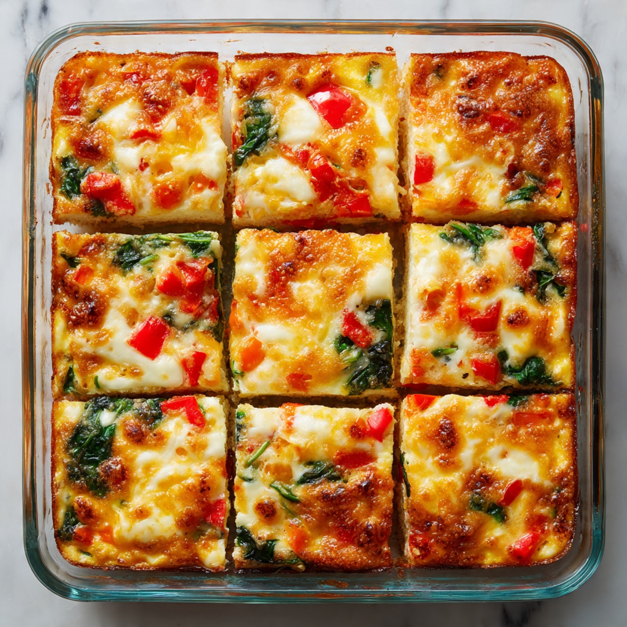 The image shows a square glass dish with a baked frittata cut into six pieces on a white marbled surface. The frittata has three visible layers: a bottom layer of light yellow egg base, a middle layer mixed with green spinach leaves and small red pepper pieces, and a top layer covered with melted golden orange cheese with toasted spots. A silver spatula lifts one piece, revealing the fluffy texture and layers. The edges are slightly crispy with a mix of smooth and melted cheese on top. Photo taken with an iphone --ar 4:5 --v 7