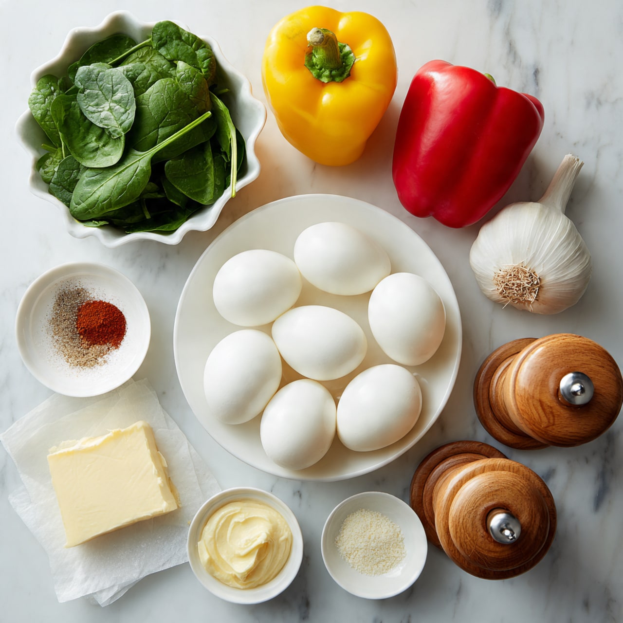 The image shows a white bowl filled with six peeled boiled eggs placed near the center on a white marbled surface. To the top left of the bowl is a beige scalloped bowl filled with fresh green spinach leaves with texture and stems visible. Above the eggs to the right are two whole bell peppers, one yellow and one red, both shiny and smooth. On the right edge, there is a whole white garlic bulb. Near the lower right of the eggs are three small white bowls containing a creamy white sauce, yellow mustard, and red paprika powder. A rectangular piece of pale yellow butter rests wrapped partially in paper near the bottom left. Positioned diagonally to the left side are wooden pepper and salt grinders, and a bright yellow lemon is placed just above them. The entire scene is set on a clean white marbled surface. Photo taken with an iphone --ar 4:5 --v 7