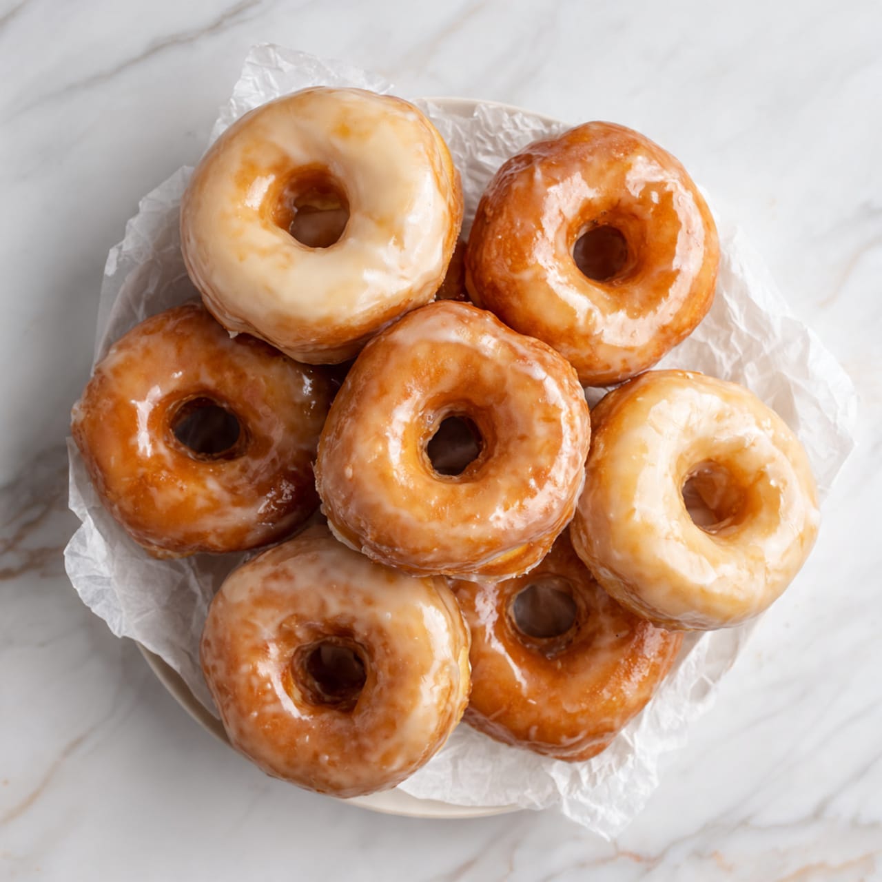 The image shows a pile of nine glazed donuts stacked in layers on crinkled white parchment paper placed on a white marbled surface. The donuts have a shiny, light brown color with a thin layer of shiny glaze. Scattered around the donuts are five small round donut holes with the same glaze and color. At the top right corner, there is a white plate with two glazed donuts, and at the bottom left corner, there is another white plate with multiple glazed donut holes. The overall look is soft and sweet with a slightly shiny texture from the glaze. Photo taken with an iphone --ar 4:5 --v 7