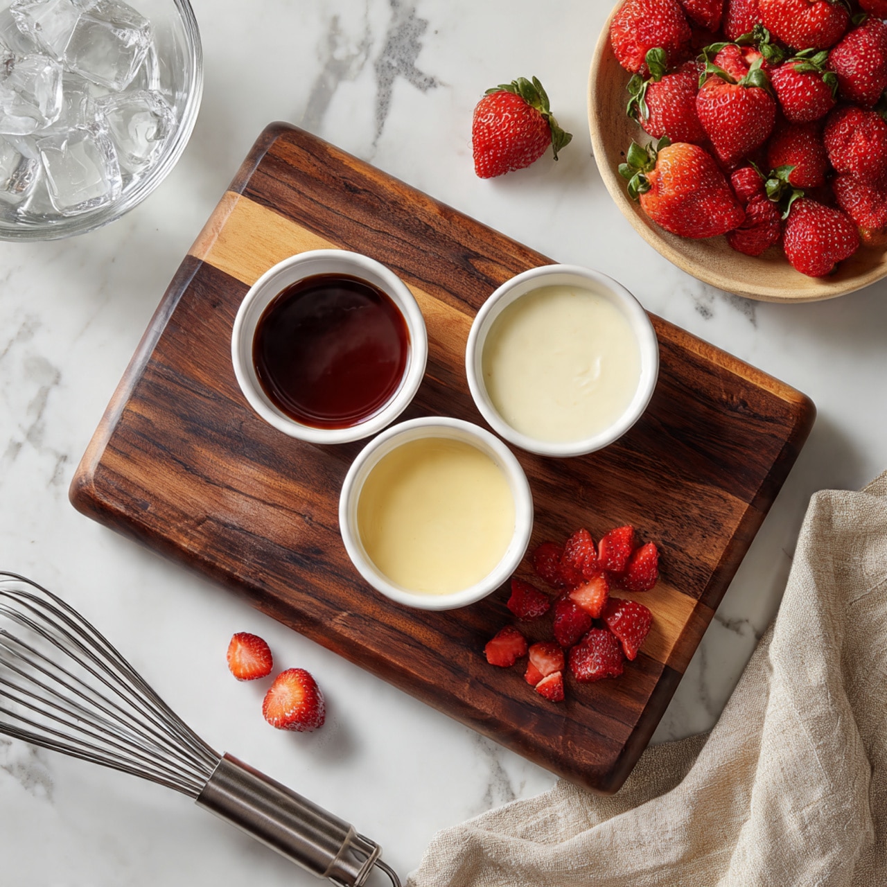 The image shows a dark and light brown wooden cutting board on a white marbled surface, with three small white bowls on it containing a dark red liquid, a pale yellow creamy liquid, and a white liquid. Around the bowls are scattered pieces of dried red strawberries, and in the upper right corner there is a white bowl filled with fresh strawberries. In the top left corner, a glass bowl with ice is partially visible, and a small metal whisk sits below the cutting board near the bottom edge. A beige cloth is partially visible in the bottom right corner, and the overall scene is well-lit, showing vibrant colors and textures photo taken with an iphone --ar 4:5 --v 7