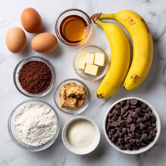 The image shows nine items laid out on a white marbled surface. Starting at the top, there are three whole brown eggs in the center, a small clear bowl with a golden liquid to the right, and a larger clear bowl filled with white granulated sugar below it. To the left of the eggs is a small clear bowl filled with reddish-brown cocoa powder. Below the cocoa, there are two yellow bananas with brown spots lying next to each other. On the bottom right, a clear bowl contains three pale yellow cubes of butter. At the bottom left, a white bowl holds small dark chocolate chips. Between the chocolate chips and butter is a small clear bowl filled with brown sugar, and next to it at the bottom center is a tiny clear bowl with a white powder, likely baking soda or baking powder. Finally, a clear bowl with white flour sits to the right of the brown sugar, completing the neatly arranged ingredients photo taken with an iphone --ar 4:5 --v 7