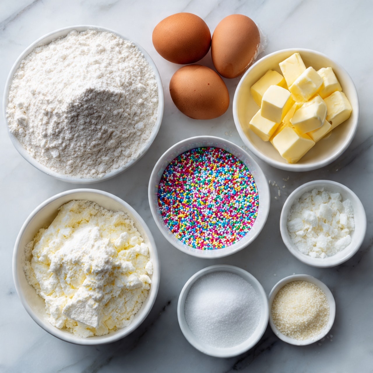 The image shows several white bowls and one glass measuring cup placed on a white marbled surface, containing different baking ingredients arranged neatly. There are two brown eggs at the top right, a large white bowl filled with white flour next to them, and a small bowl of rainbow-colored sprinkles in the middle. To the left, there is a small white bowl with yellow butter cubes, a pair of small bowls with white powders, likely baking soda and baking powder, and a white bowl with white granulated sugar. A glass measuring cup filled with dark brown liquid, possibly vanilla extract, sits in the bottom right corner. At the top left, there is a brown bottle, possibly holding vanilla flavoring, and a small gold measuring cup filled with smooth white cream. photo taken with an iphone --ar 4:5 --v 7
