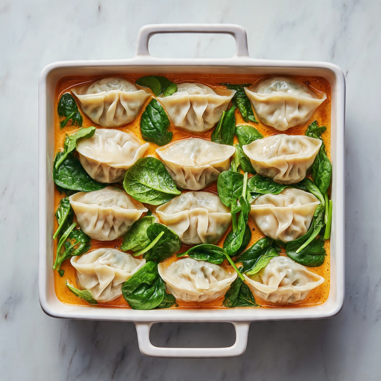 A white rectangular baking dish is filled with three layers: the bottom layer is a smooth, creamy orange sauce. On top of that are green spinach leaves scattered unevenly. The top layer has uncooked dumplings arranged in neat rows, each dumpling off-white with folds visible at the top, standing upright in the sauce and spinach. The dish is set on a white marbled surface. photo taken with an iphone --ar 4:5 --v 7