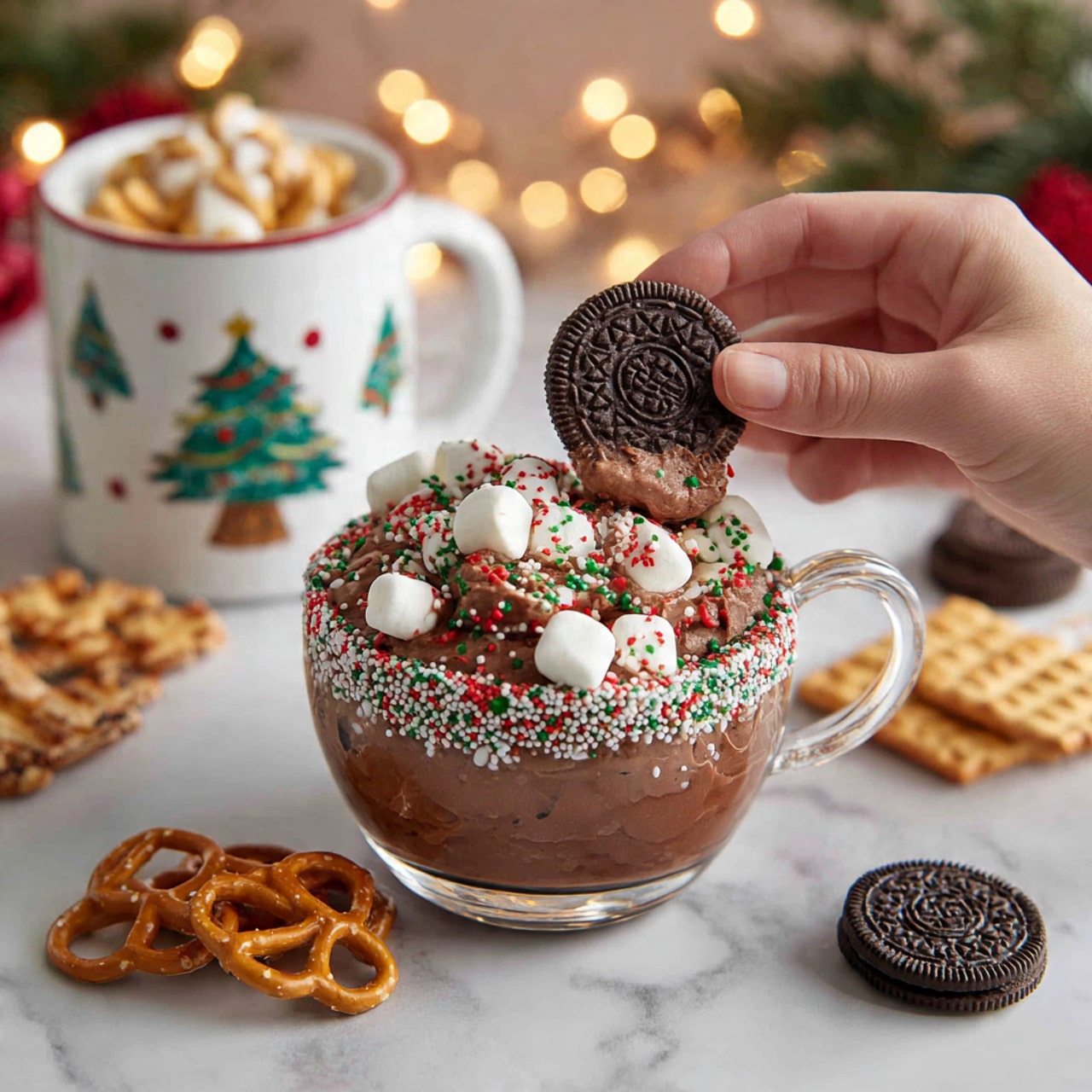 A woman's hand is holding a bitten Oreo cookie dipped in light brown creamy chocolate mousse decorated with small white marshmallows and red and green round sprinkles. The mousse is in a clear glass bowl with a textured edge. Around the bowl are whole Oreo cookies and small yellow cookies shaped like flowers. In the background, there are white mugs with Christmas tree designs filled with hot chocolate topped with mini marshmallows, all placed on a white marbled surface with blurred holiday decorations. Photo taken with an iphone --ar 4:5 --v 7