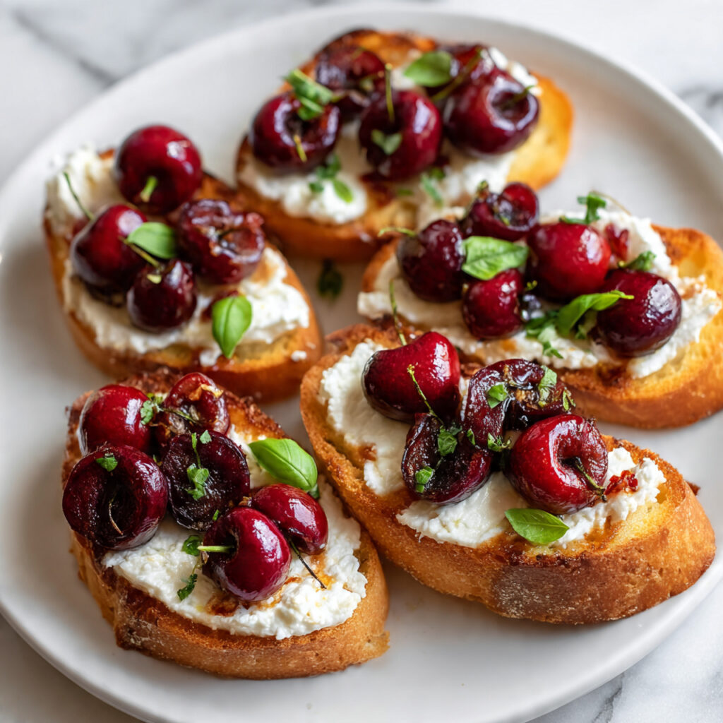 Grilled Crostini with Roasted Cherries, Ricotta & Basil Recipe