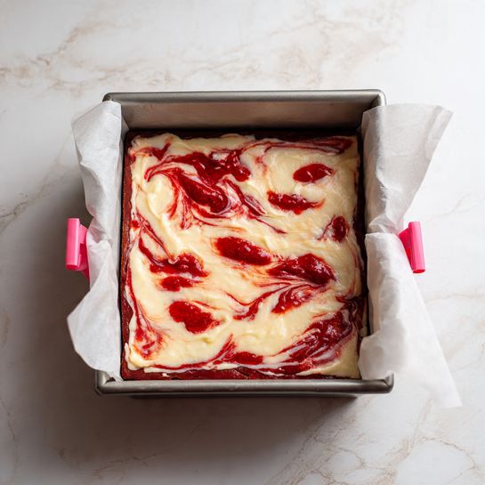 The image shows a square baking pan lined with white parchment paper resting on a white marbled surface. Inside the pan, there are two visible layers: the bottom layer is a rich, deep red color with a smooth texture, while the top layer is a creamy beige batter that is spread unevenly, leaving some patches of the red layer visible underneath. On top of the beige batter, there are several dollops of bright red mixture placed randomly, creating a contrasting pattern against the cream. The edges of the parchment paper are folded over the sides of the pan, held slightly in place by pink binder clips on opposite sides. Photo taken with an iphone --ar 4:5 --v 7