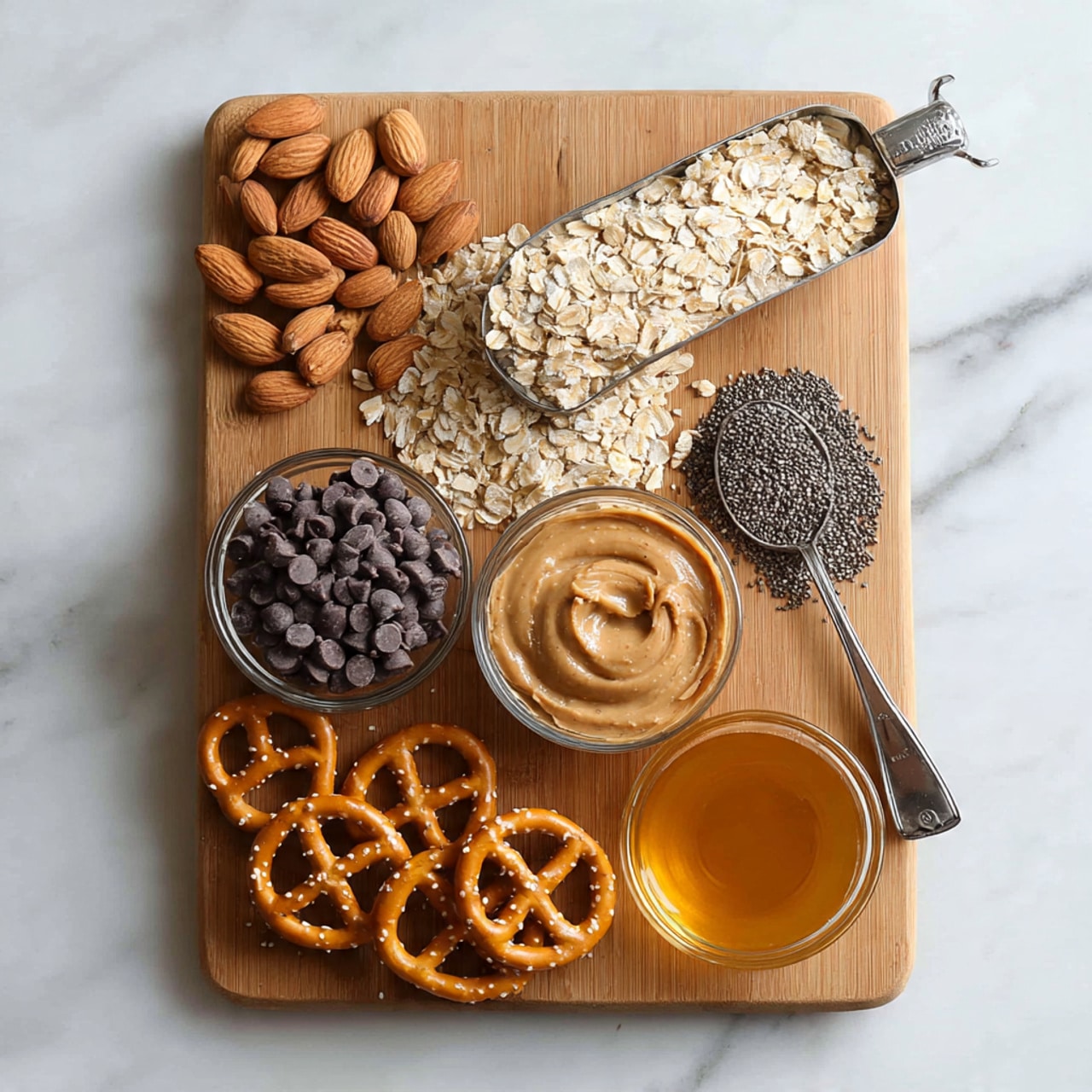 A clear glass bowl holds a base layer of mixed nuts and broken pretzel pieces, showing shades of light brown and beige with some dark chocolate chips scattered on top. Above this, a smooth, light brown peanut butter layer is being poured from a silver bowl held by a woman's hand using a blue spatula. The bowl sits on a white marbled surface, with the background softly lit to highlight the textures and colors of the ingredients. photo taken with an iphone --ar 4:5 --v 7