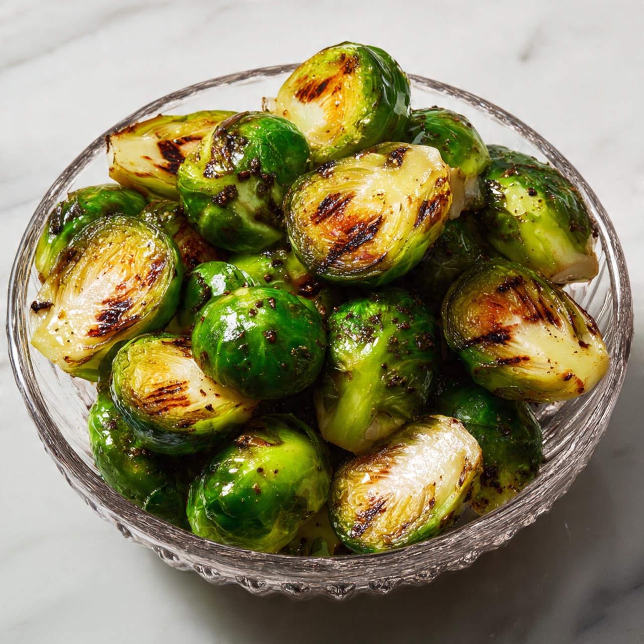 A glass bowl filled with about 20 halved Brussels sprouts, each showing light to medium green leaves with some grill marks and specks of dark brown seasoning scattered over them. The Brussels sprouts are arranged closely together in the bowl, which sits on a white marbled surface. The lighting highlights the fresh texture and slight char on the vegetables, giving a fresh and cooked appearance photo taken with an iphone --ar 4:5 --v 7