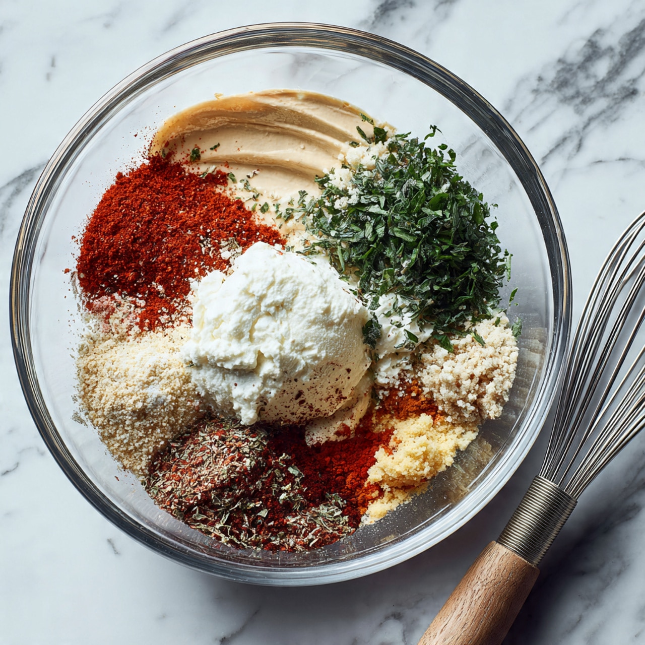 A white bowl holds several separate layers of ingredients arranged side by side, resting on a white marbled surface. The dish shows a mix of colors and textures: a smooth beige sauce on top left, bright red powder beside it at the top center, finely chopped green herbs at the top right, a large dollop of thick white cream in the center, a grainy beige paste on the middle left, a dark reddish-brown spice mix at the bottom left, a small bright red sauce below center, and a small chunk of pale yellow paste on the middle right. A silver whisk lies to the right of the bowl. photo taken with an iphone --ar 4:5 --v 7