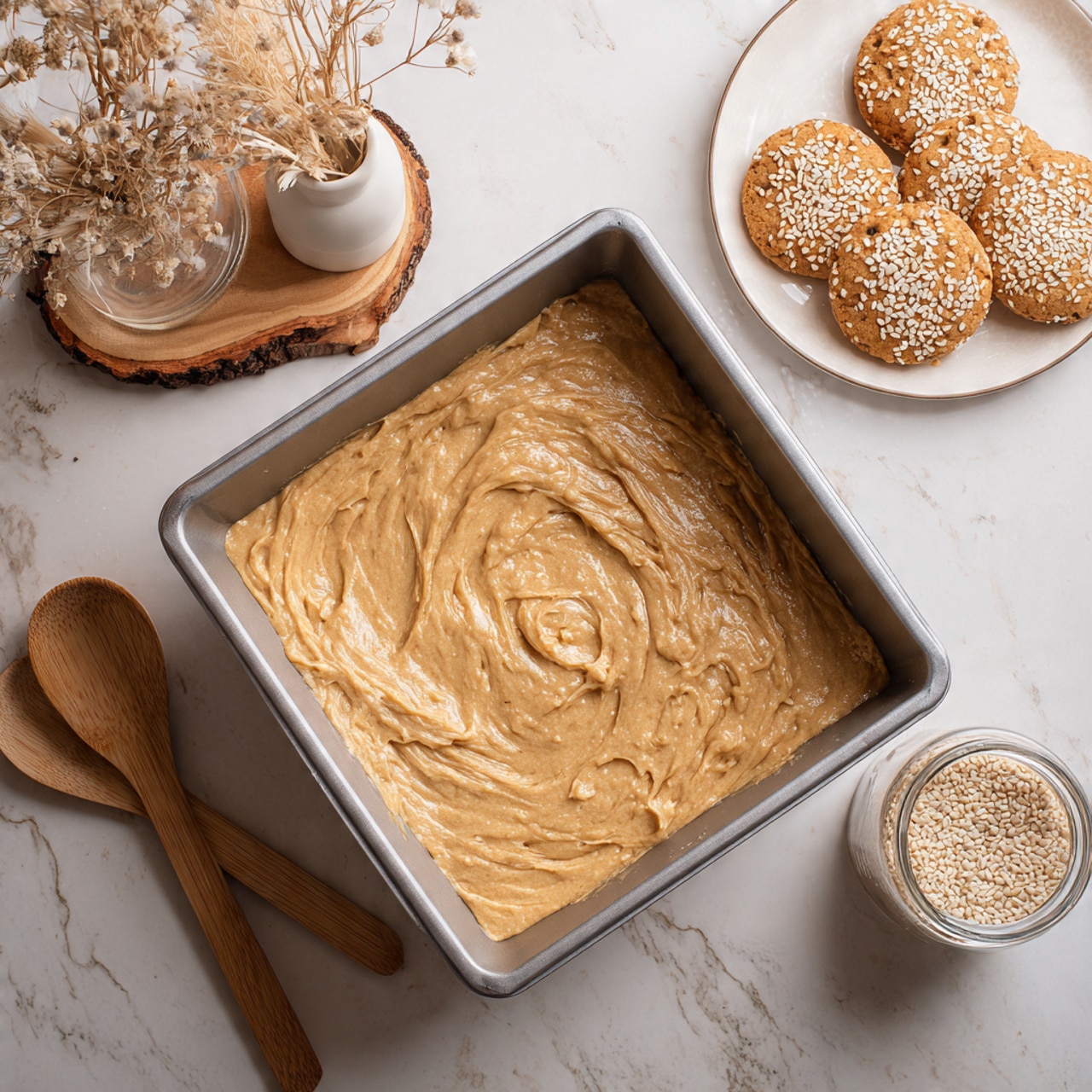 The image shows a light brown batter with a thick, swirled texture in a square cardboard box, filling it almost to the top. In the background, on a white marbled surface, there is a small white plate with round cookies covered in sesame seeds, a white container with a white lid on a wooden round slice, and two small wooden spoons resting on the wooden slice. The setting is warm and cozy with natural light. Photo taken with an iphone --ar 4:5 --v 7