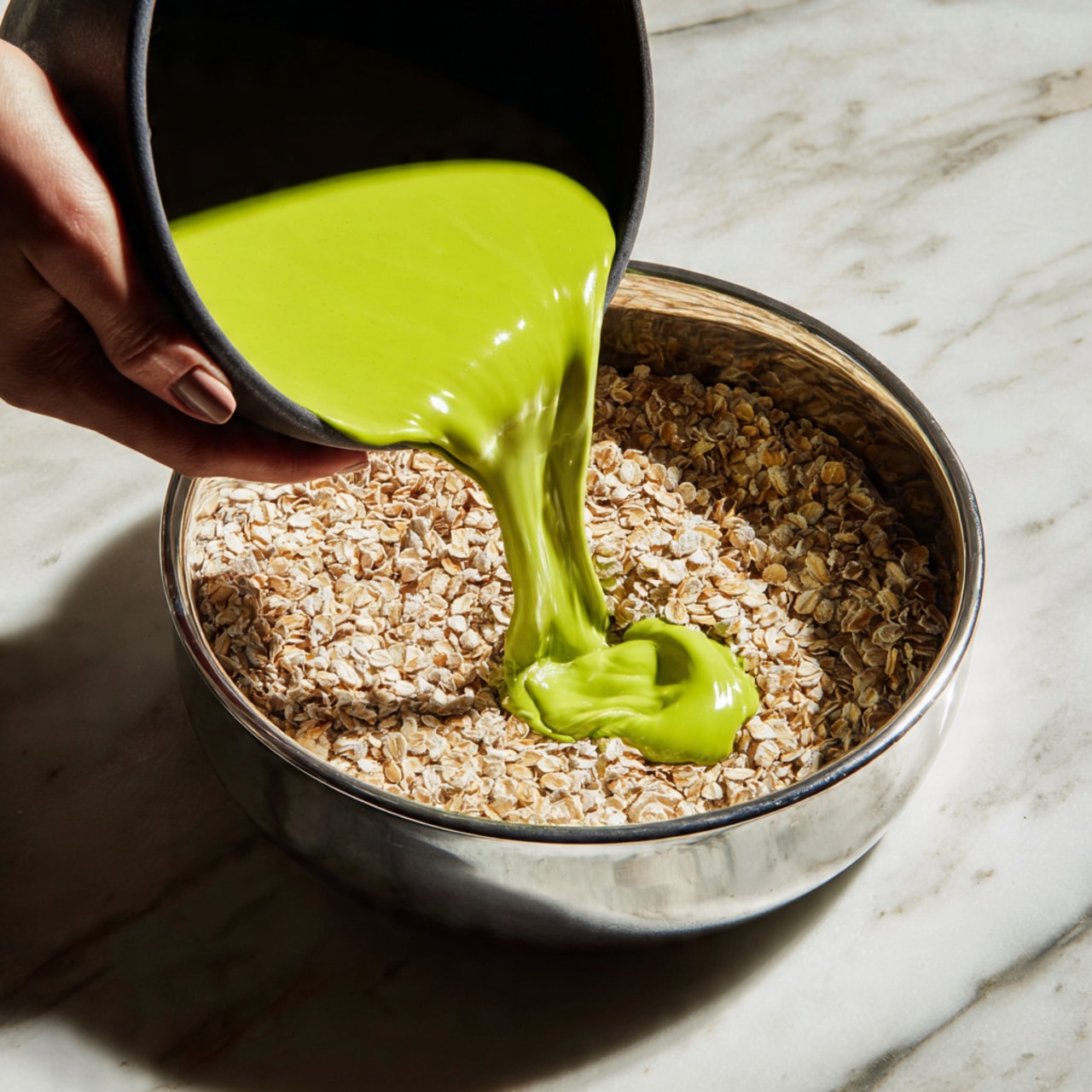 A large silver mixing bowl holds a mixture of pale beige puffed rice and thick green creamy sauce. The puffed rice pieces are small and spread evenly throughout the bowl, while the green sauce has a chunky, smooth texture and is layered on top and partially mixed in. Two woman's hands stir the mixture, one holding the bowl steady on a white marbled surface and the other using a white spatula. The scene is bright with soft natural lighting highlighting the textures and colors photo taken with an iphone --ar 4:5 --v 7