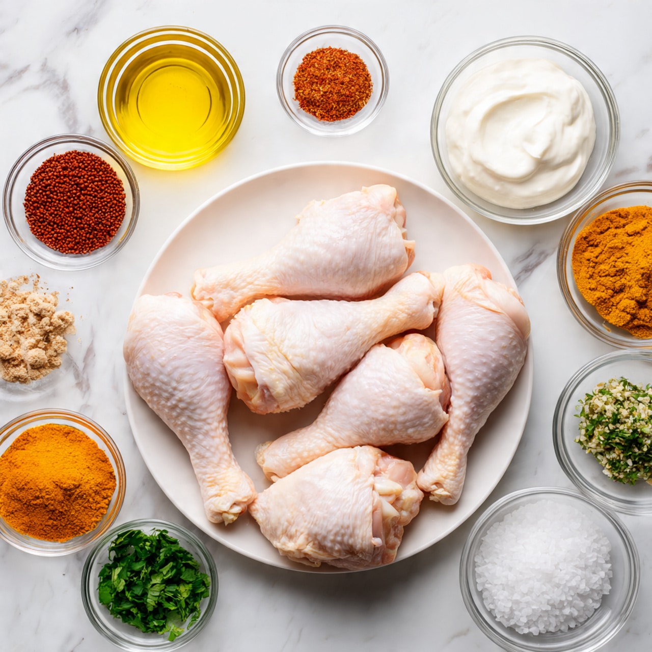 A clear glass bowl sits on a white marbled surface, filled with six chicken drumsticks coated in a thick, orange-brown spice paste with visible small bits of garlic and herbs. The spice paste clings unevenly to the chicken and also smears the inside of the bowl, leaving streaks. To the right on the marble surface, there is a white plate layered with pink pickled slices and small lime wedges, alongside a bunch of fresh green cilantro resting on a beige and black striped cloth. Photo taken with an iphone --ar 4:5 --v 7