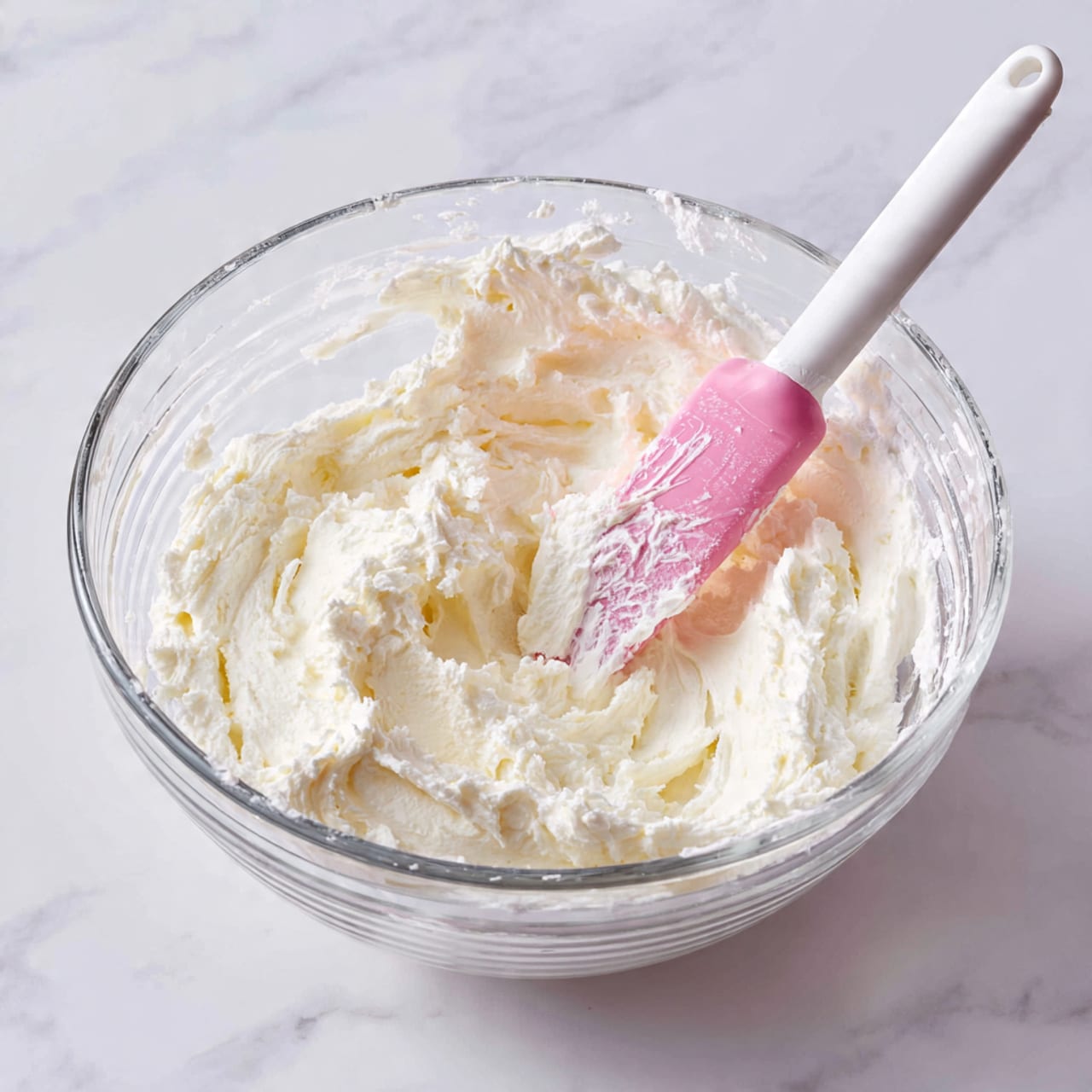 A clear glass bowl sits on a white marbled surface, filled with a thick, fluffy white cream that shows soft peaks and a smooth, slightly lumpy texture. A pink spatula with a white handle is partially submerged on the right side, coated with the same creamy mixture. The bowl has subtle ridges on the outside, and streaks of cream cling to its inner sides, showing fresh mixing activity. Photo taken with an iphone --ar 4:5 --v 7