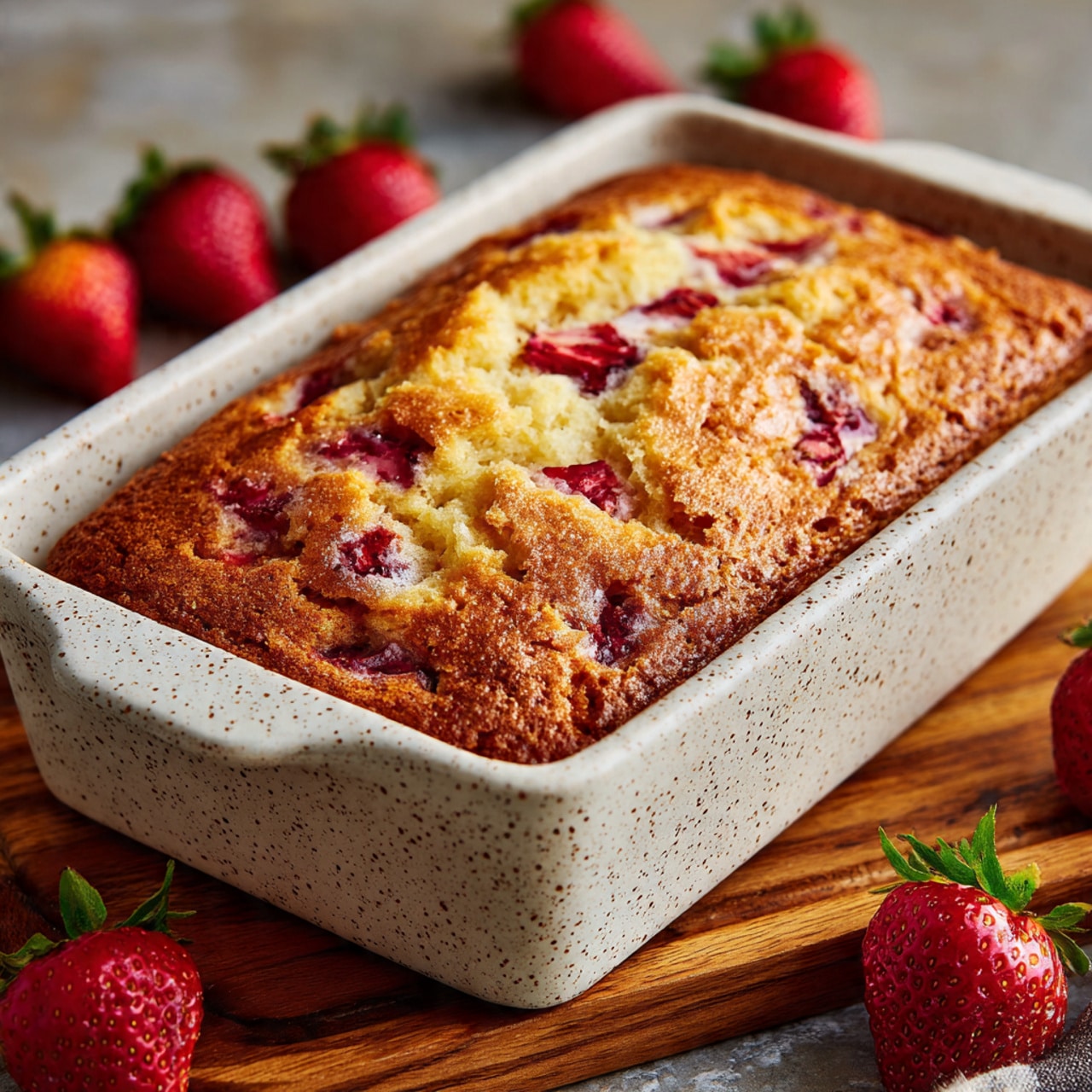 The image shows a loaf of cake with a thick pink glaze on top, dripping down the sides. The cake itself is light yellow with visible pieces of red strawberries mixed inside and on top under the glaze. One slice is placed in front of the loaf, clearly showing the soft inside with red strawberry bits scattered through the texture. Fresh strawberries are placed near the cake on a white marbled surface. The scene is close up, highlighting the moist texture of the cake and the glossy shine of the pink strawberry glaze photo taken with an iphone --ar 4:5 --v 7