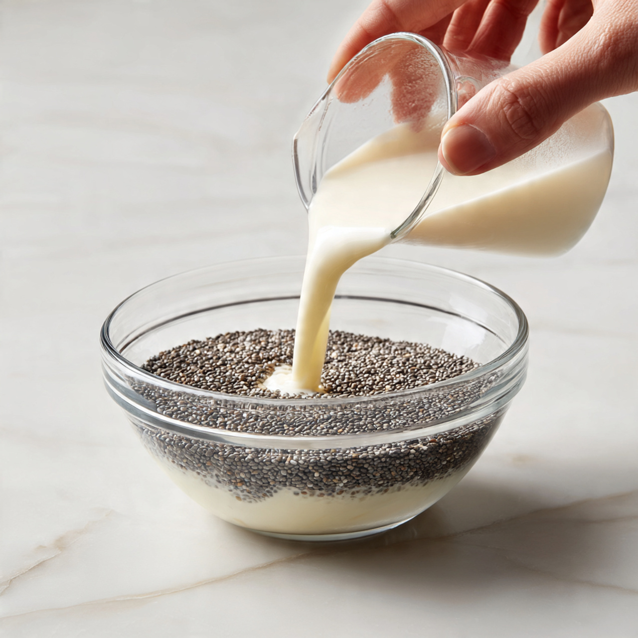 Pomegranate Chia Pudding Parfait Recipe 4 A clear glass bowl sits on a white marbled surface with a layer of black chia seeds spread on top of a creamy white liquid. A woman's hand is pouring more white liquid from a clear measuring cup into the bowl, creating a smooth stream that lands on the chia seeds. The scene is bright and simple, focusing on the contrast between the dark seeds and the light liquid. photo taken with an iphone --ar 4:5 --v 7