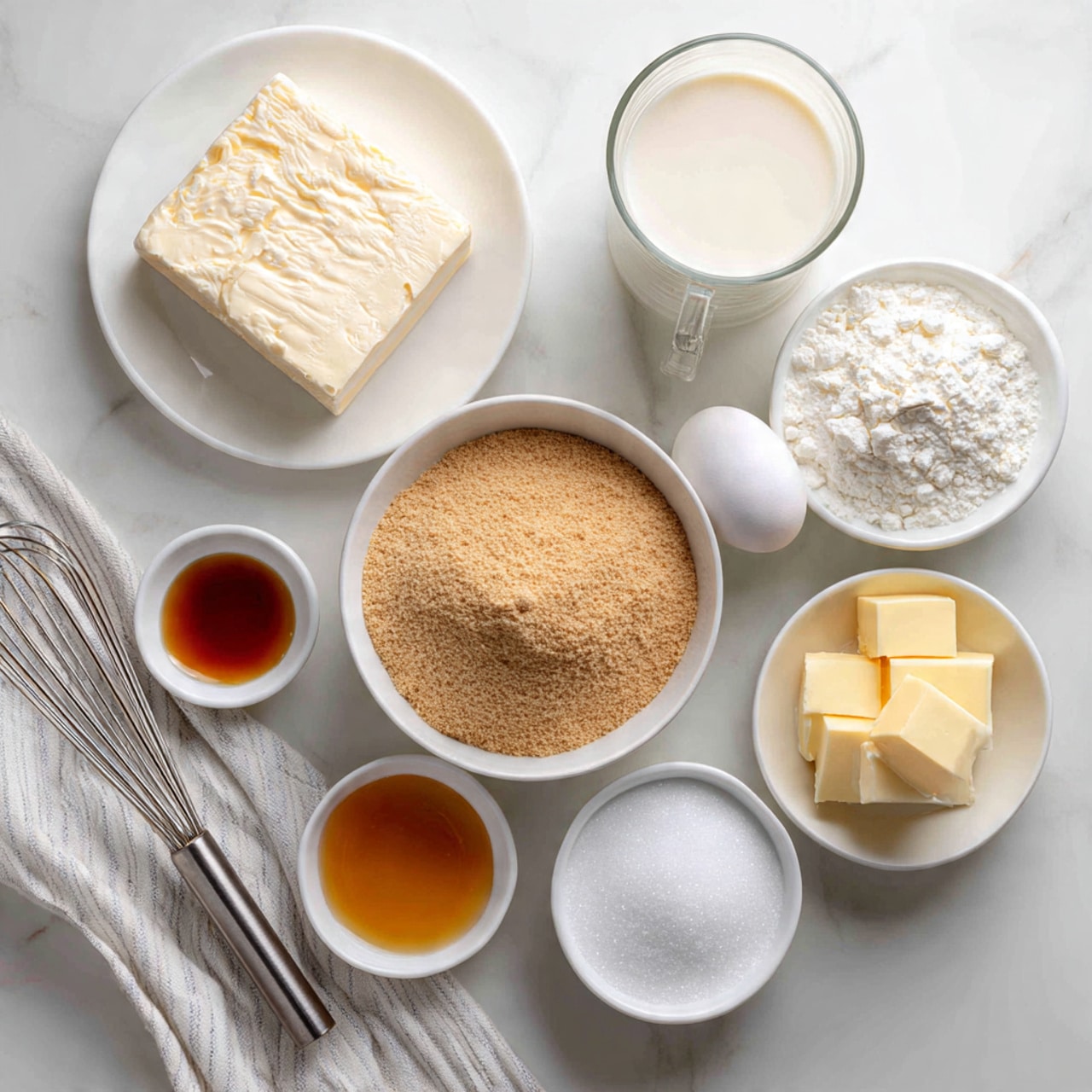 The image shows several ingredients for a recipe arranged neatly on a white marbled surface. There is a white plate at the top center holding a block of soft white cheese. To the left, there is a single white egg, and below it, a small white bowl with a square of pale yellow butter. In the center, a larger white bowl is filled with a light brown powdered mixture, likely cocoa or chocolate powder. Below this bowl is a metal whisk lying flat. To the right of the powdered bowl, a small white bowl is filled with white granulated flour. Above this, there is a small white bowl holding a dark amber liquid, probably vanilla or syrup, near a glass filled with white milk. Lastly, a small beige bowl on the right contains white powdered sugar, and a gray-and-white striped cloth is draped in the bottom right corner. Photo taken with an iphone --ar 4:5 --v 7
