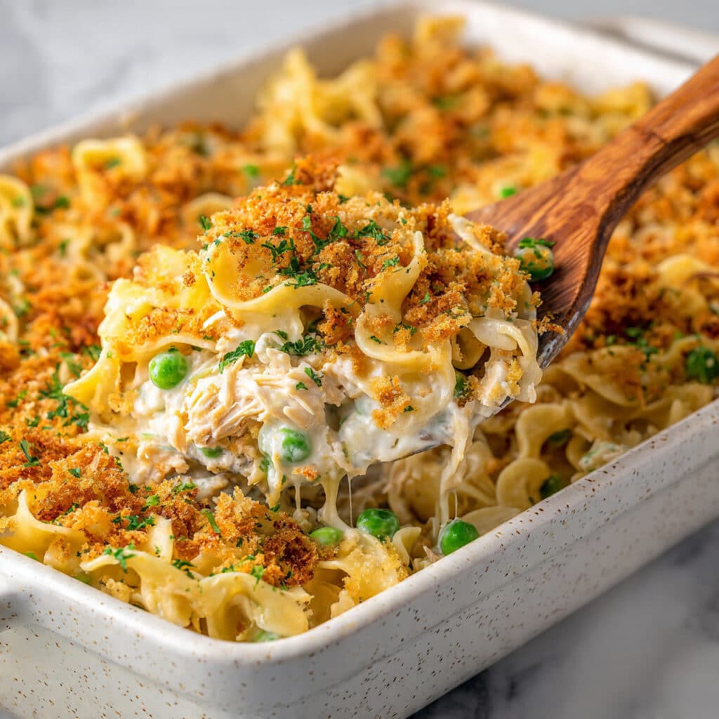 Creamy Tuna Noodle Casserole with Cheddar and Crispy Cornflake Topping Recipe