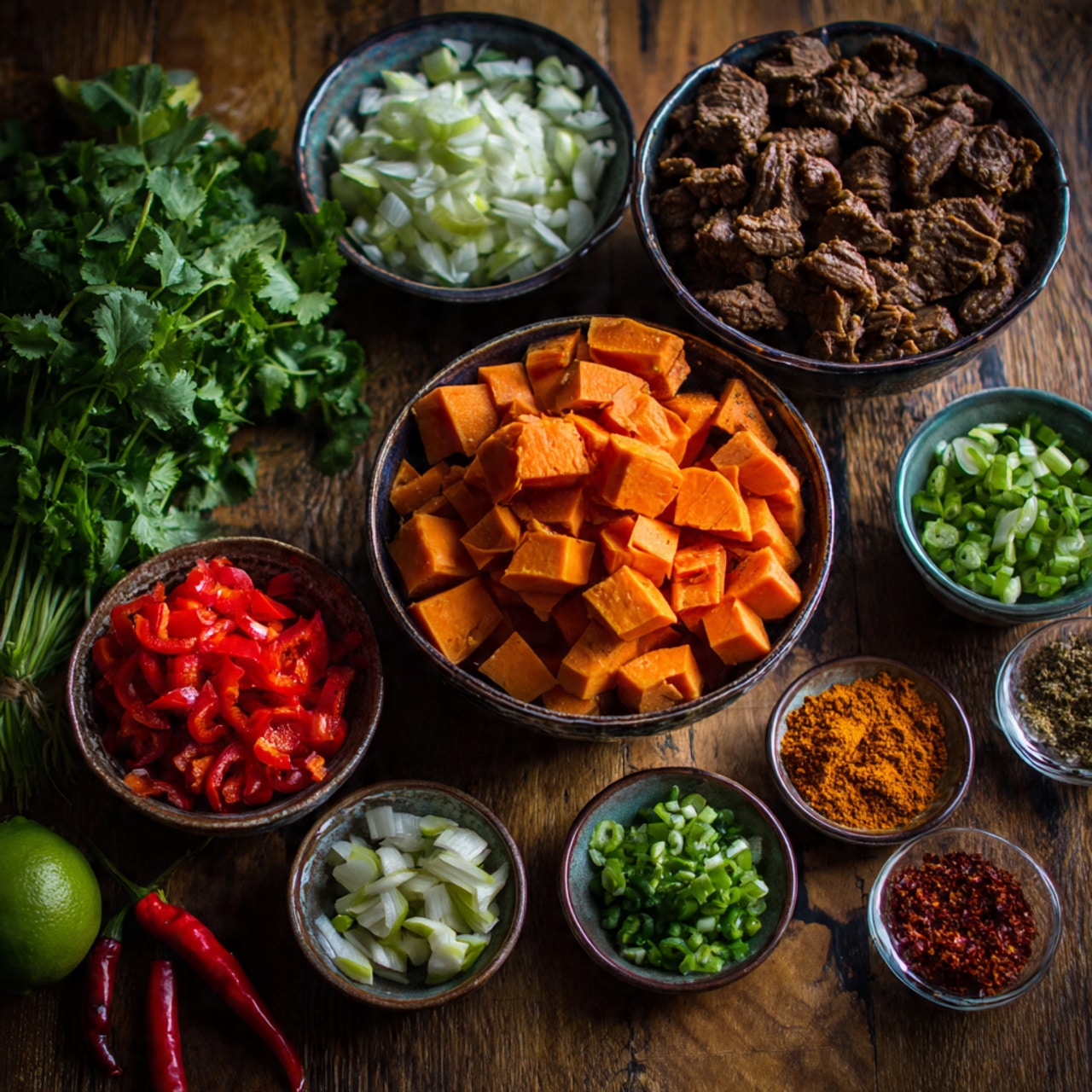 A close-up of a black cast iron pan filled with cooked beef chunks and orange sweet potato cubes mixed with small pieces of red bell pepper and green onions, all seasoned and garnished with chopped cilantro. The pan is placed on a white marbled surface, with squeezed lime halves and sprigs of cilantro nearby, and a gray cloth partially visible on the right side. The beef pieces have a browned exterior, and the vegetables add bright warm colors, making the dish look hearty and fresh. photo taken with an iphone --ar 4:5 --v 7