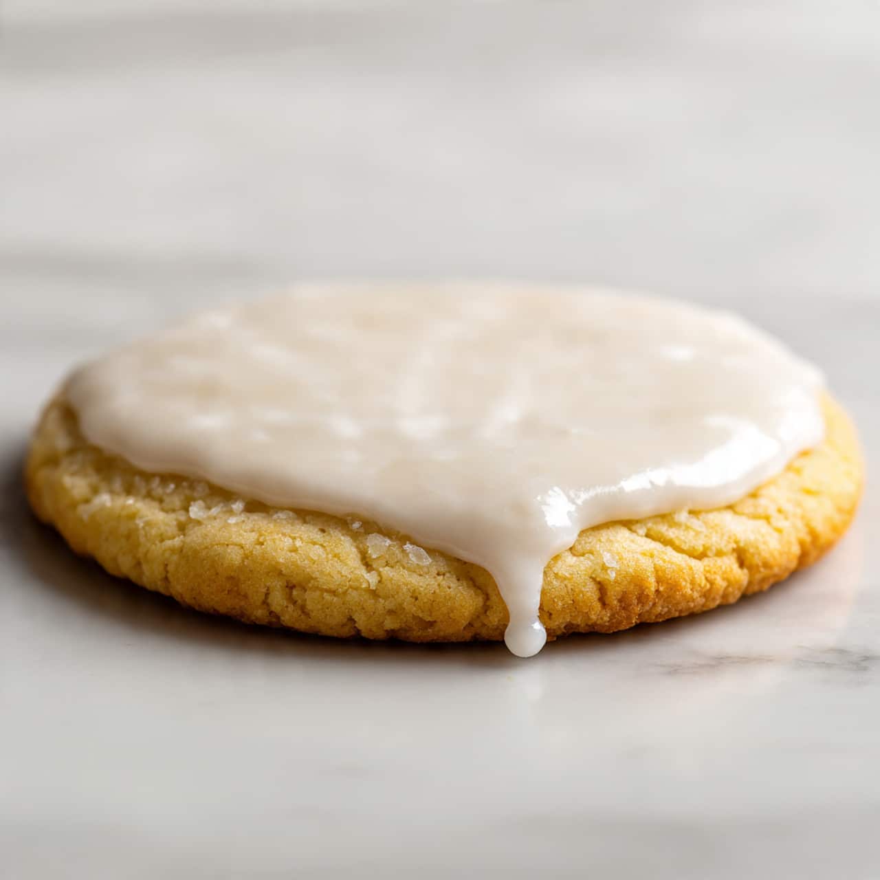 A single round cookie with a soft, light beige color and a slightly rough texture sits flat on a white marbled surface. On top of the cookie is a smooth layer of white icing that spreads out unevenly, covering most of the cookie but leaving the edges fully visible. The icing has a shiny, glassy finish and gentle curves with one small drip hanging slightly over the cookie's edge. The overall look is simple and clean, focusing on the contrast between the soft cookie and smooth icing. Photo taken with an iphone --ar 4:5 --v 7