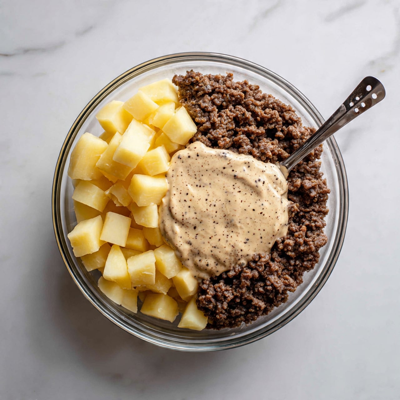 A clear glass bowl filled with three main layers of ingredients visible from above: diced pale yellow potatoes piled on the left, browned cooked ground meat mixed with sliced brown mushrooms on the lower right, and a light creamy sauce with specks of pepper covering parts of the meat and pooling on the right side; a metal spoon rests inside the bowl at the top, partially scooping the mixture, all set on a white marbled surface. photo taken with an iphone --ar 4:5 --v 7