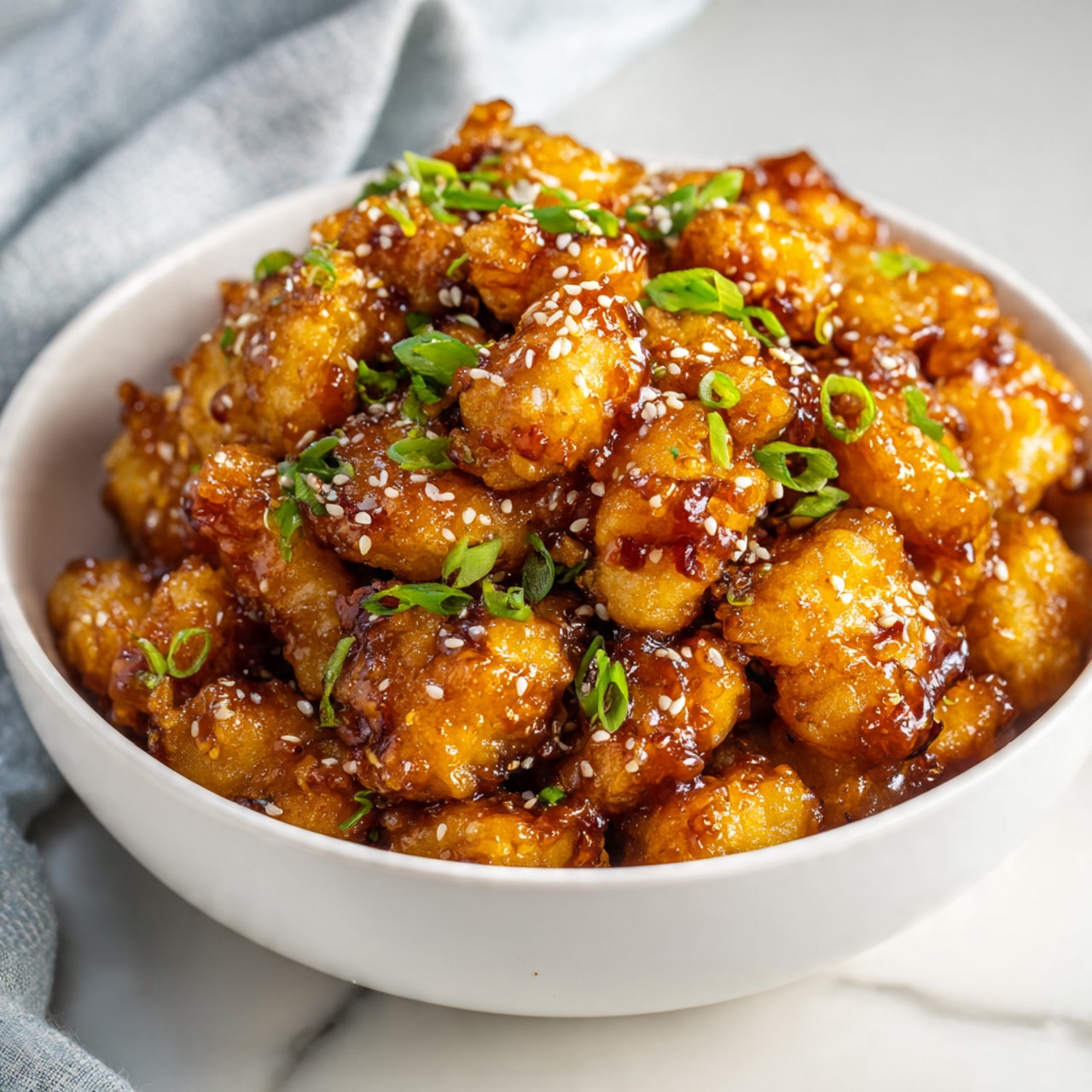 A white bowl filled with a large pile of small golden brown crispy pieces coated in a shiny orange-brown sauce. The pieces have a crunchy texture with some sprinkled white sesame seeds and chopped green onions scattered on top. The bowl is placed on a white marbled surface with a blurred cloth in the background. Photo taken with an iphone --ar 4:5 --v 7