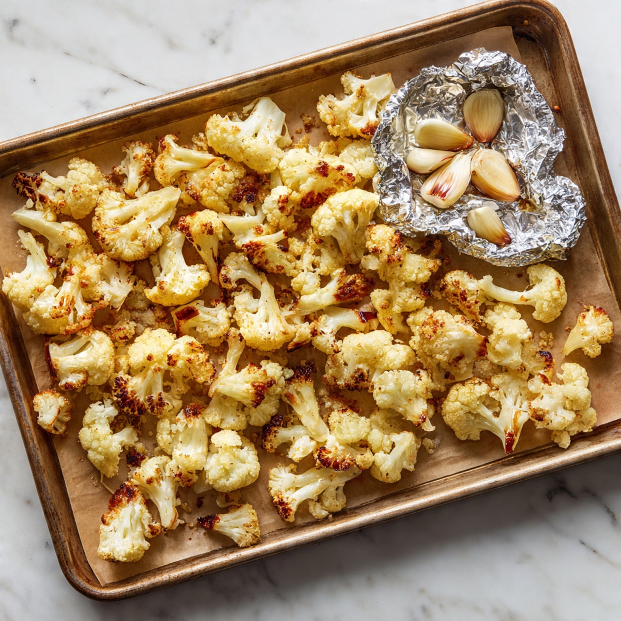 The image shows many pieces of roasted cauliflower on a white baking sheet lined with parchment paper. The cauliflower pieces are small to medium in size, with light golden-brown spots from roasting, and are spread out in a loose, uneven layer across the entire sheet. In the top right corner, there is a whole head of garlic wrapped partly in crinkled aluminum foil, with the cloves slightly browned and exposed. The tray is set on a white marbled surface. photo taken with an iphone --ar 4:5 --v 7