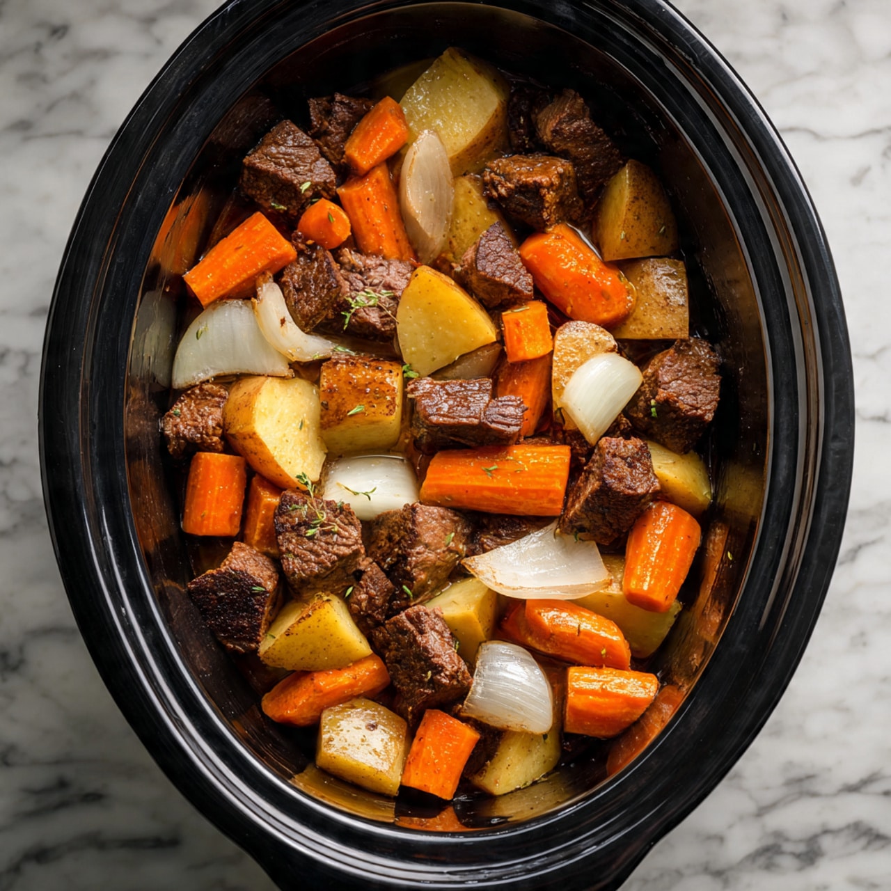 A close-up view of a black slow cooker filled with a thick stew that has three main visible layers: the rich brown sauce that covers the entire dish, chunks of orange carrots scattered evenly throughout, and soft, light brown pieces of meat mixed with small bright green peas and pale potato chunks. The slow cooker sits on a white marbled surface, showing the glossy texture of the stew inside. photo taken with an iphone --ar 4:5 --v 7
