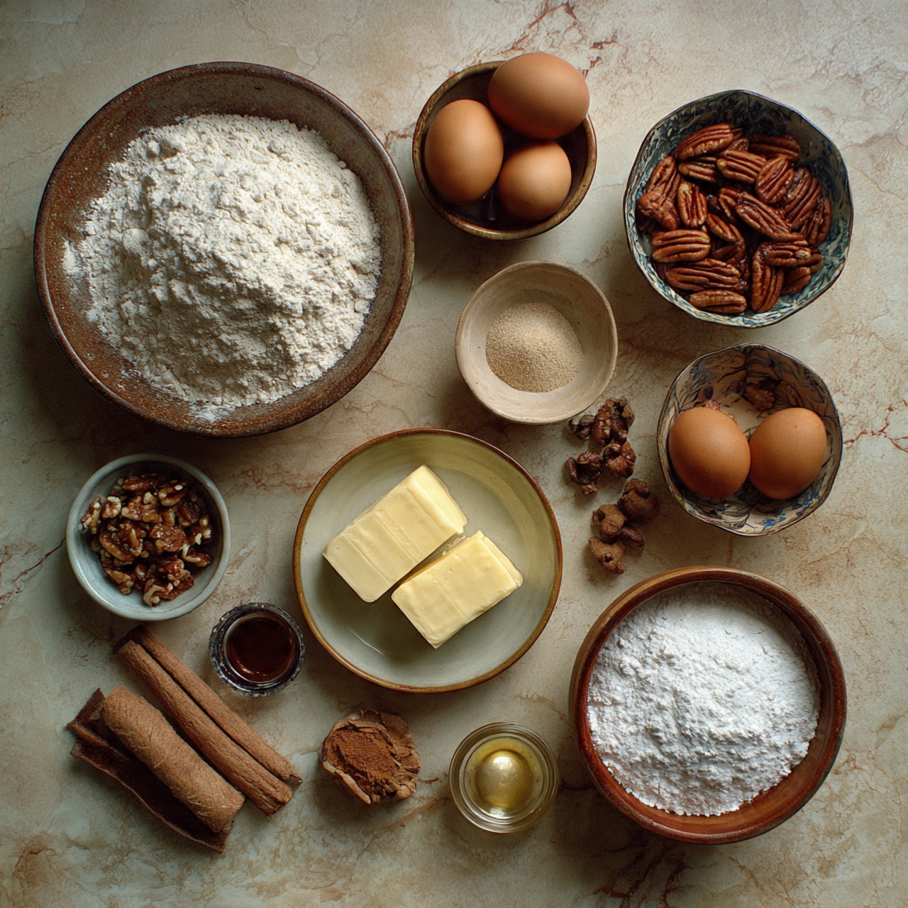 The image shows nine small bowls arranged on a white marbled surface. Starting from the top left, there is a white bowl filled with white flour, next to it on the right is a clear glass bowl with white granulated sugar. Below the flour, a small speckled beige bowl holds white baking powder or salt. In the center, a clear glass bowl contains melted yellow butter. To the right, a small white bowl has a heap of brown cinnamon powder. Below the baking powder bowl, a beige measuring cup is filled with light brown sugar. Next to this, a white bowl contains a handful of whole pecan nuts. Underneath, a clear glass bowl has white milk, and next to it on the right, a tiny clear bowl has white salt. Lastly, at the bottom right corner, a small speckled beige bowl holds amber-colored vanilla extract. photo taken with an iphone --ar 4:5 --v 7