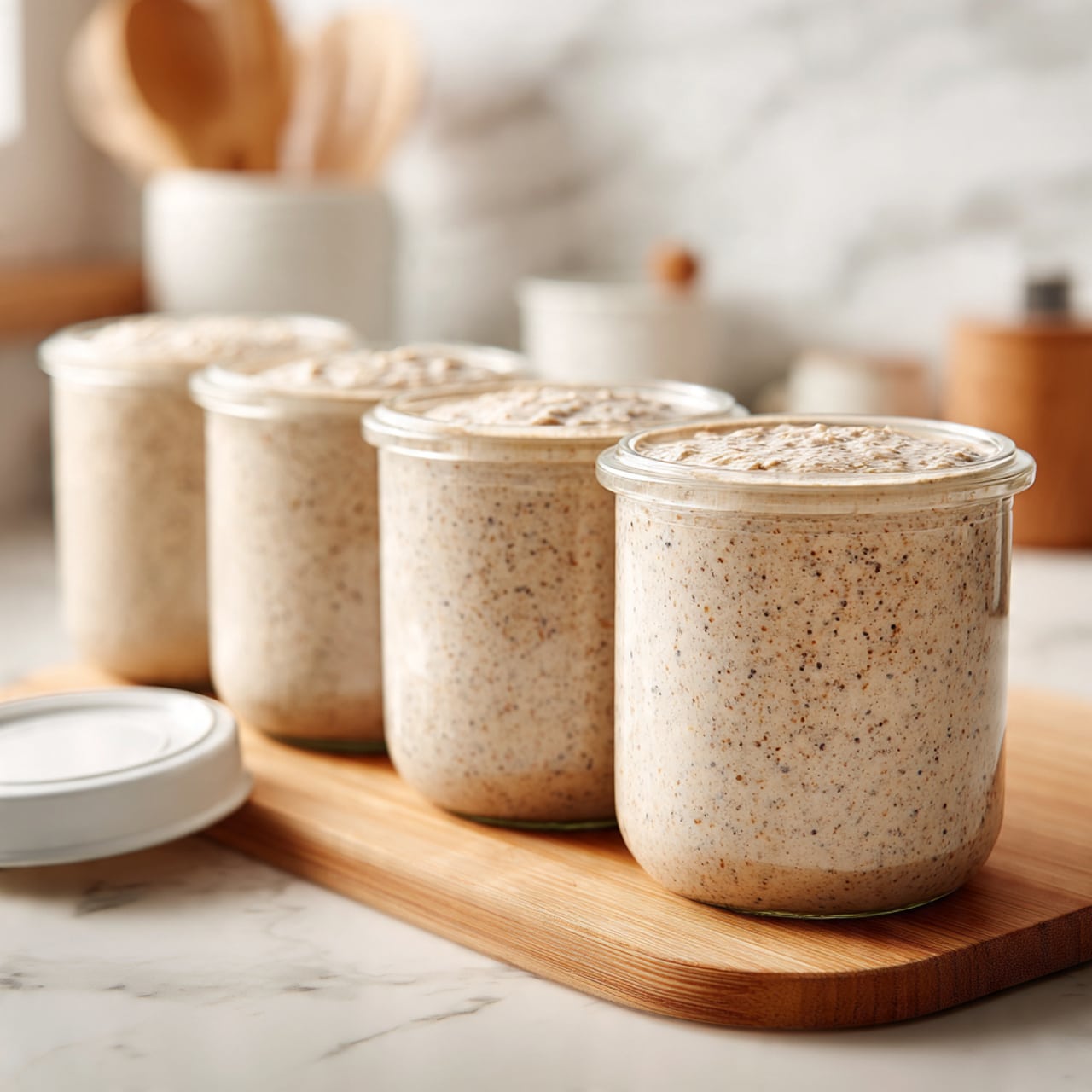 The image shows four clear glass jars placed in a row on a wooden surface, each filled almost to the brim with a thick, creamy, beige-colored spread that has tiny black specks throughout. The first jar’s white lid lies nearby on the left side, open. The background features a white marbled surface and some blurred kitchen elements, giving a clean and bright setting. The texture of the spread looks smooth but slightly chunky with visible bits inside. photo taken with an iphone --ar 4:5 --v 7