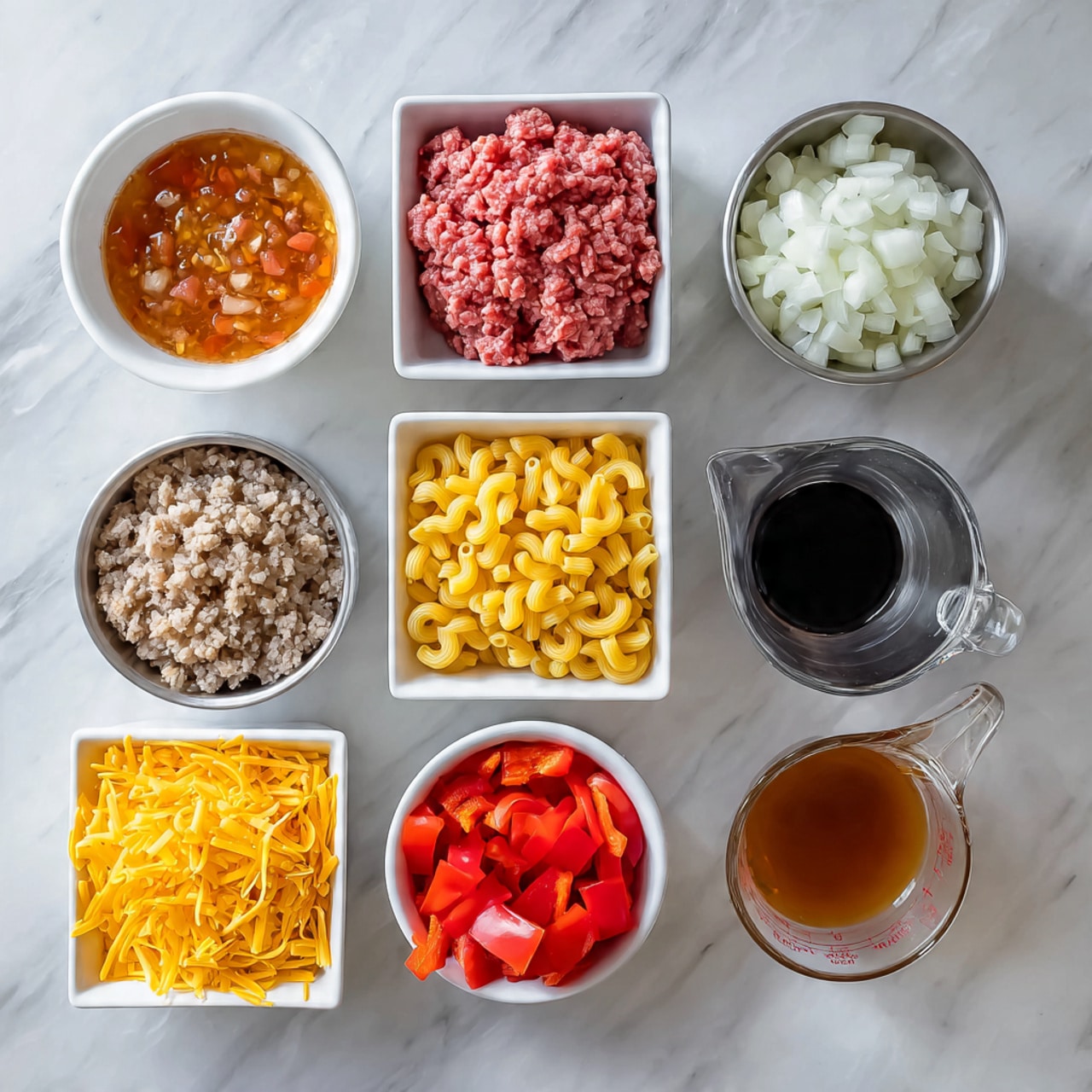A metal pot with two black handles contains cooked elbow macaroni pasta mixed with small pieces of orange carrot and translucent white onions. The pasta is golden yellow and the vegetables are spread evenly throughout. The pot is placed on a white marbled surface with a soft texture. photo taken with an iphone --ar 4:5 --v 7