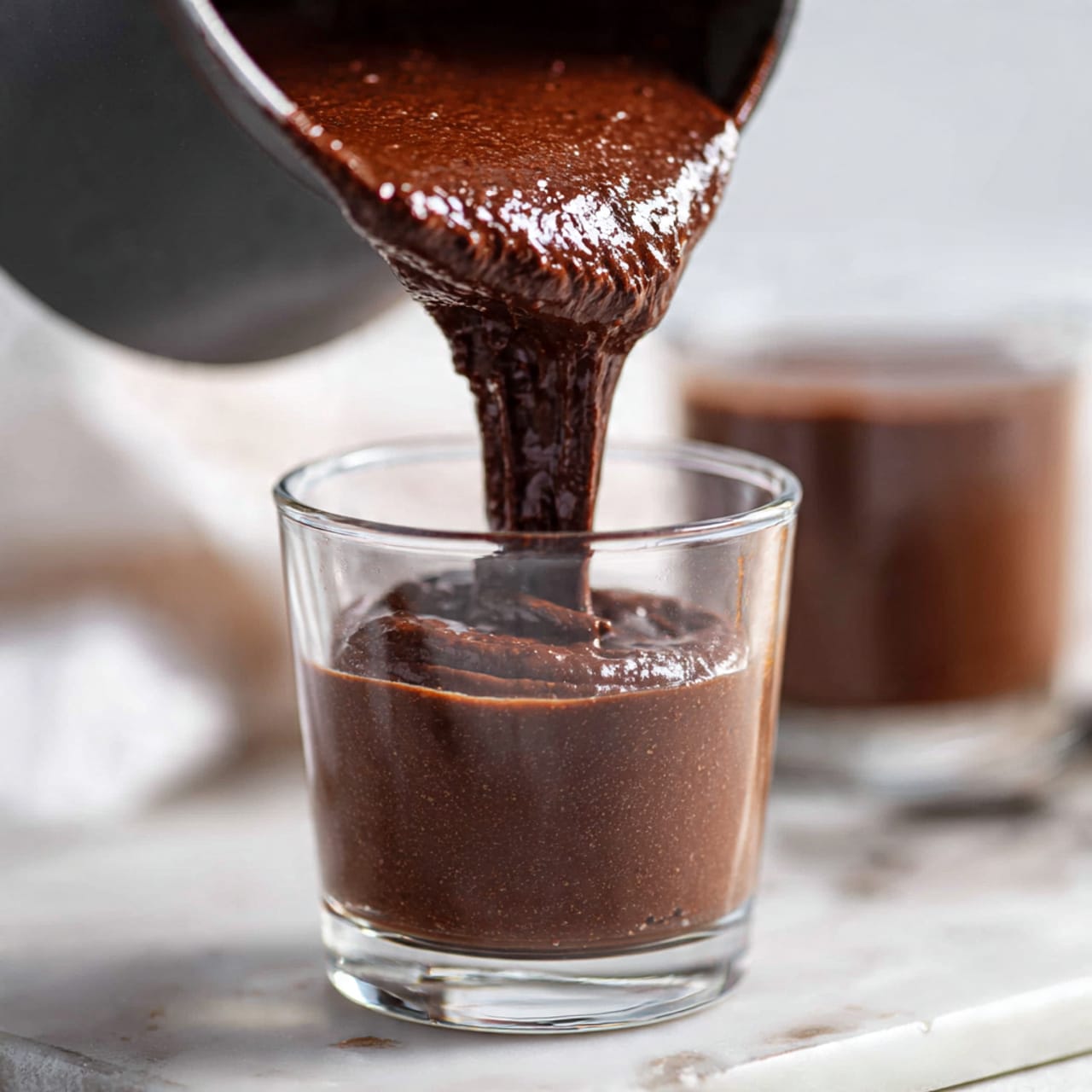 The image shows four clear glass dessert cups filled with a rich chocolate mousse that has a smooth but slightly textured surface, dark brown in color filling about three-quarters of each cup. On top of each mousse is a thick swirl of white whipped cream, sitting centered with a soft, fluffy texture. The whipped cream is decorated with small pieces of dark chocolate shavings scattered evenly over the top, adding contrast and texture. All cups are arranged closely together on a white marbled surface. Photo taken with an iphone --ar 4:5 --v 7