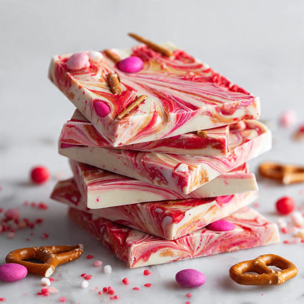 Valentine’s Colorful Chocolate Bark with Pretzels and M&Ms Recipe
