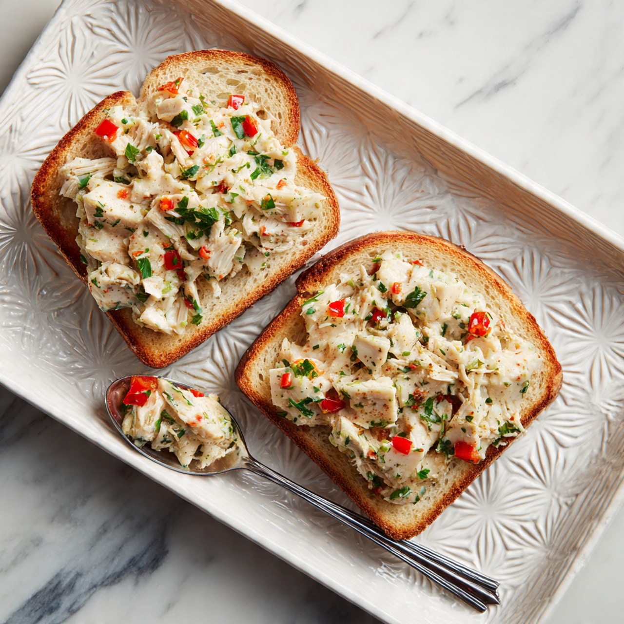 Two square pieces of toasted bread lay on a dark textured tray with a pattern of star shapes. Each toast has a base layer of finely chopped vegetables mixed with herbs, showing small orange, white, and green bits. On top of this is a thick layer of melted bright yellow cheese that covers the entire toast with a smooth and slightly bubbly texture. Fresh chopped green onions are scattered on the cheese layer, adding contrast with their vibrant green color. To the right side of the tray is a knife with a light wooden handle. The tray is set on a white marbled surface. photo taken with an iphone --ar 4:5 --v 7